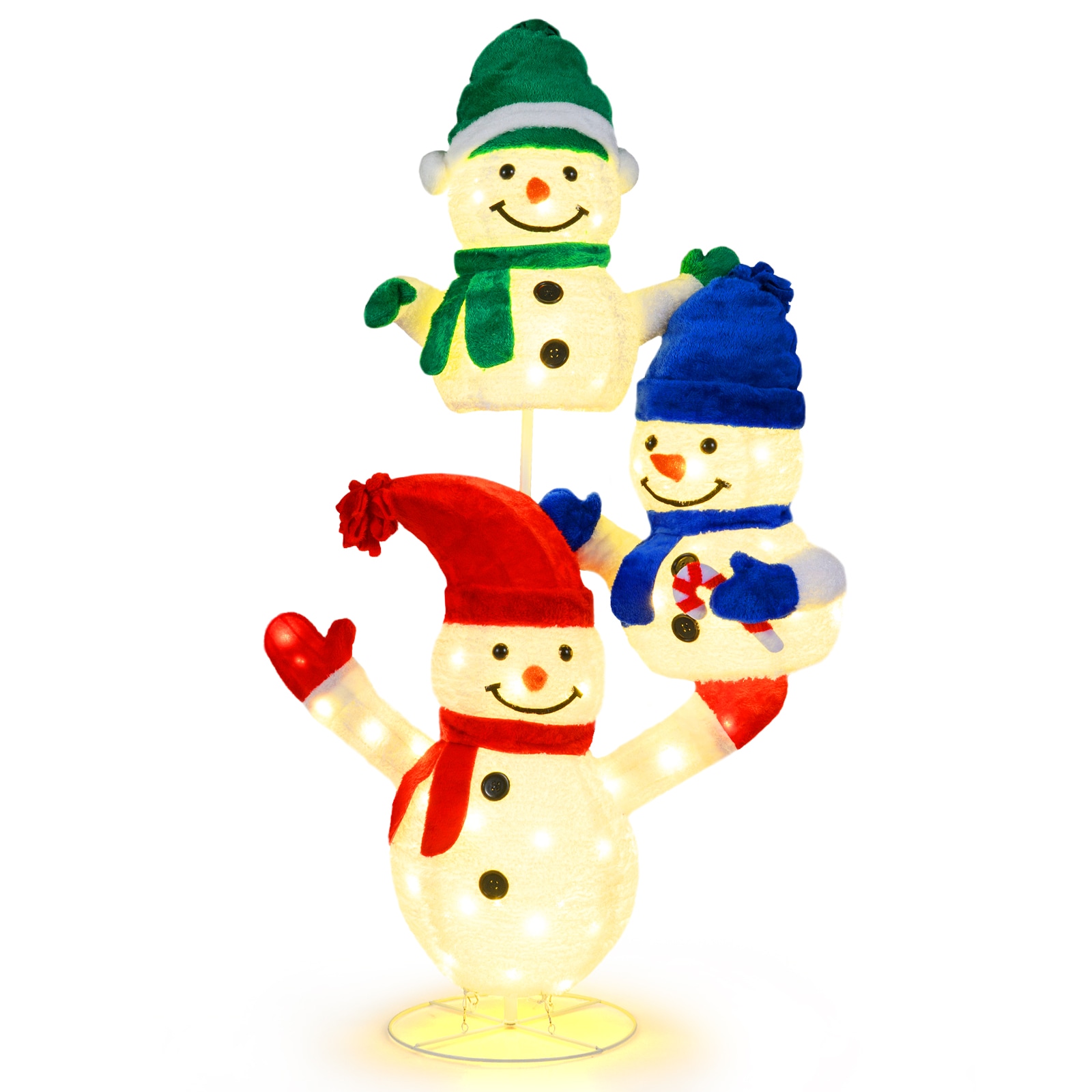 SUGIFT 5-ft Stacked Snowman Lighted Christmas Decoration with 110 LED Lights Velvet Fabric Metal Frame - White