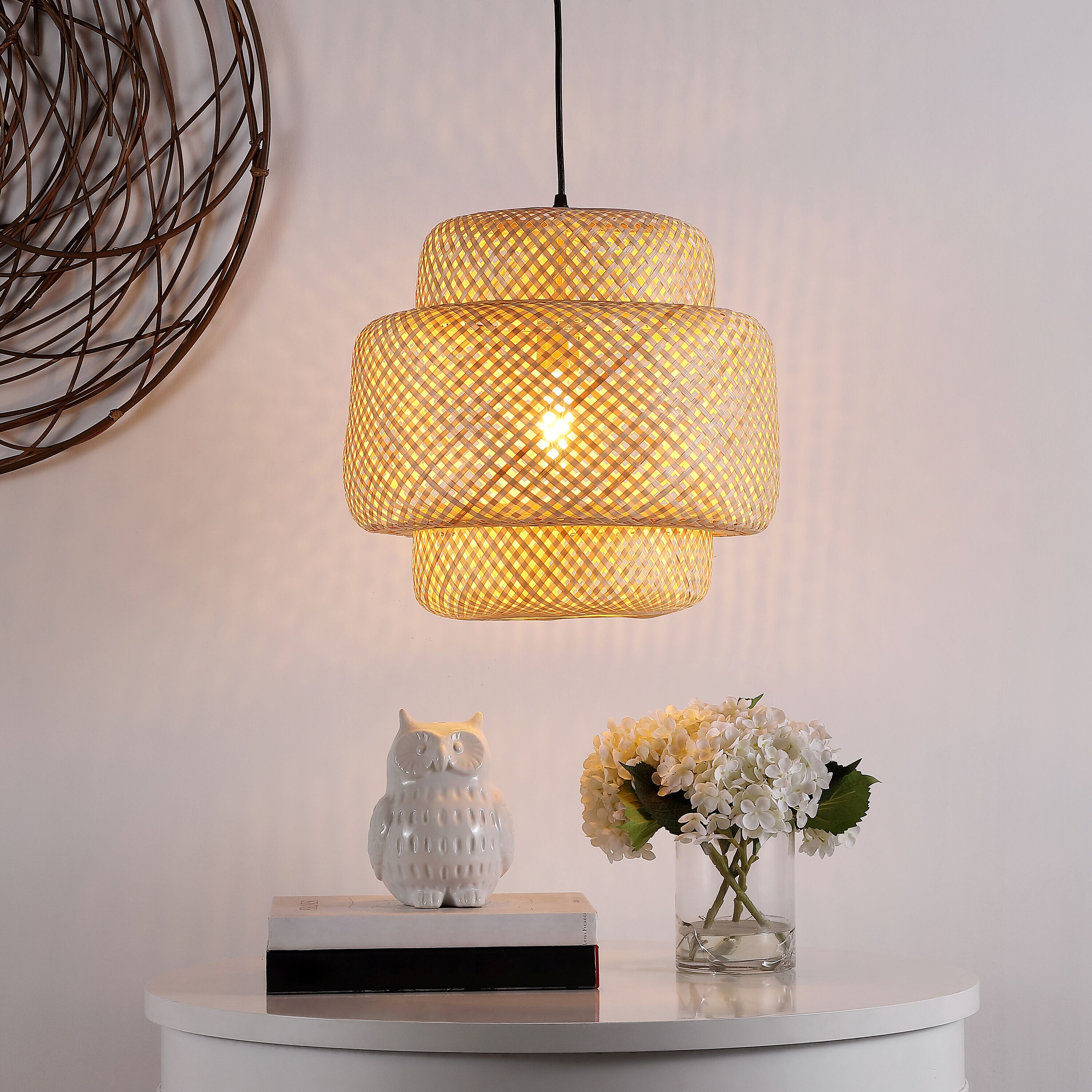 Klara Coastal-Chic Black LED Drum Pendant with Natural Rattan Shade