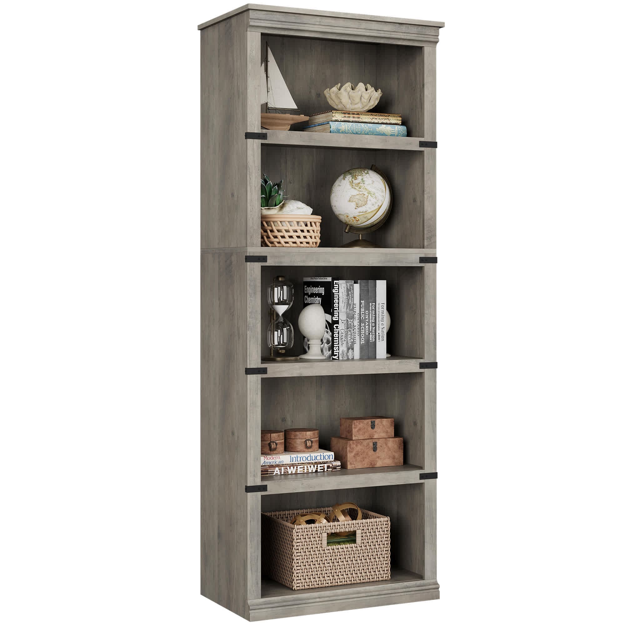 Qeetex PHO-0ZZP8O70-KLN Gray 67.4 Inch Tall with 24.5 Inch Wide Farmhouse Wooden Bookcase with 5 Tier Storage Shelves for Living Room and Home Office