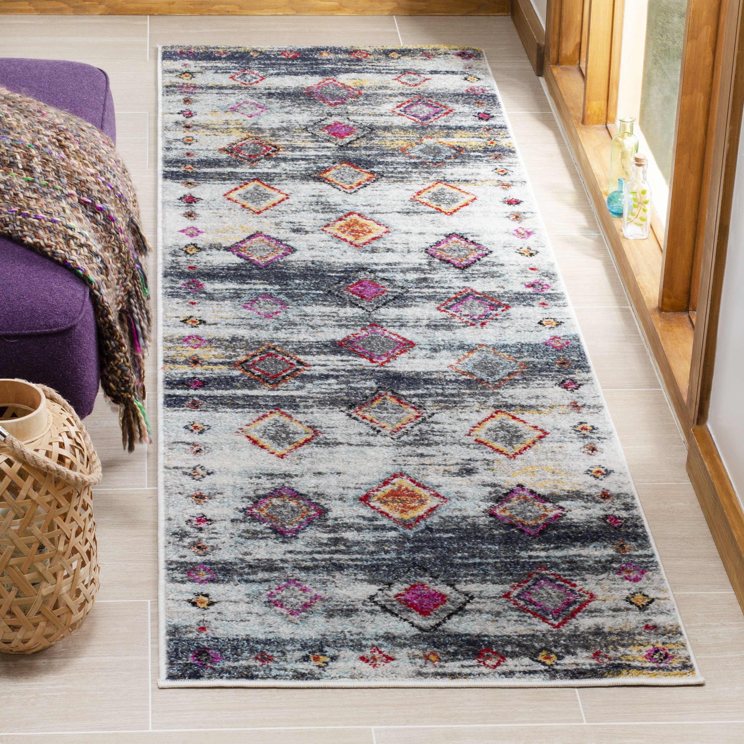 Safavieh ADR205F-28 Adirondack Zayne 3 x 8 (ft) Loomed Polyester/Polypropylene Light Gray/Red Rectangular Indoor Distressed/Overdyed Moroccan Runner rug