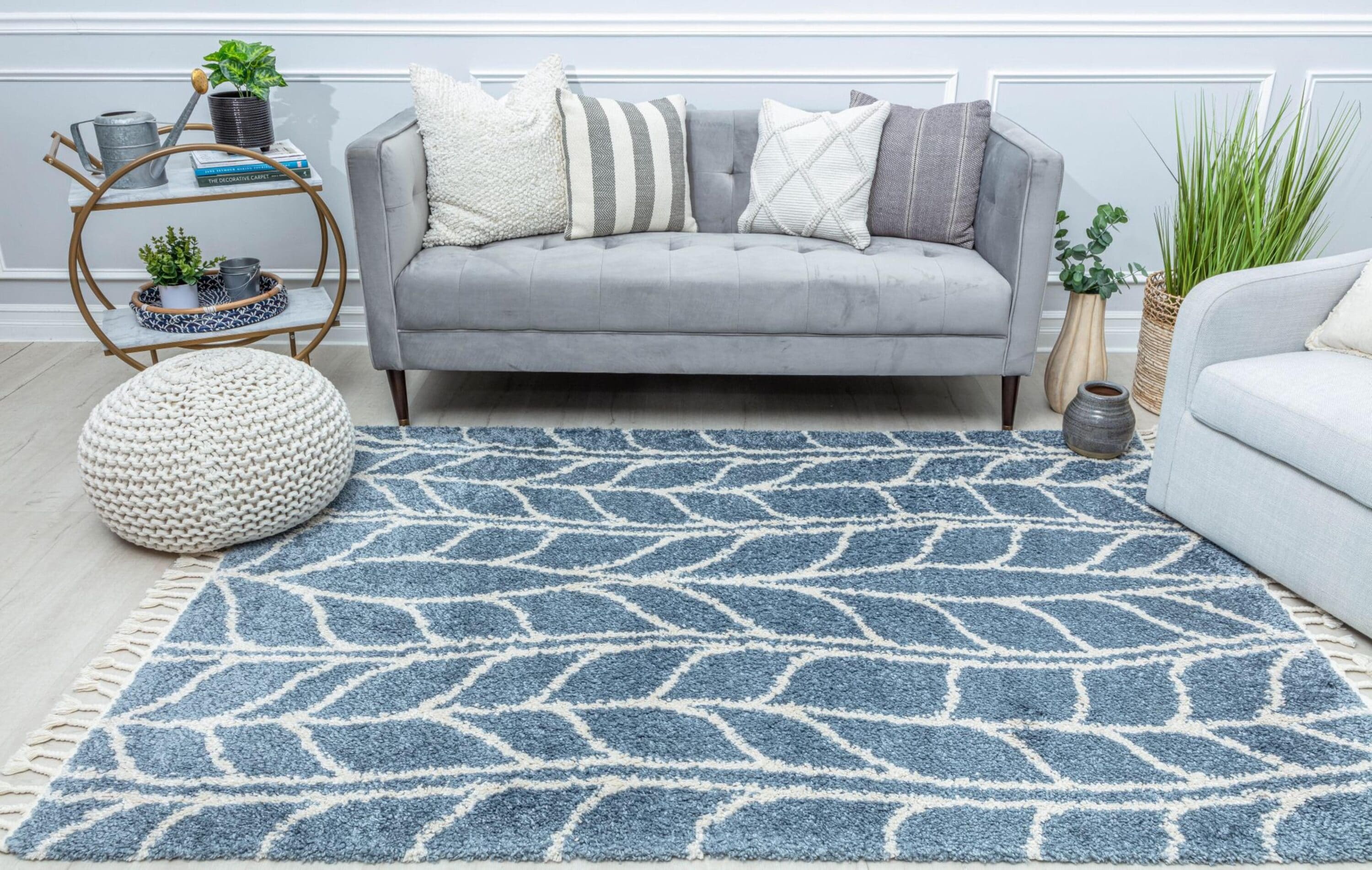 Sky Vine Blue Geometric Braided Area Rug with Tassels