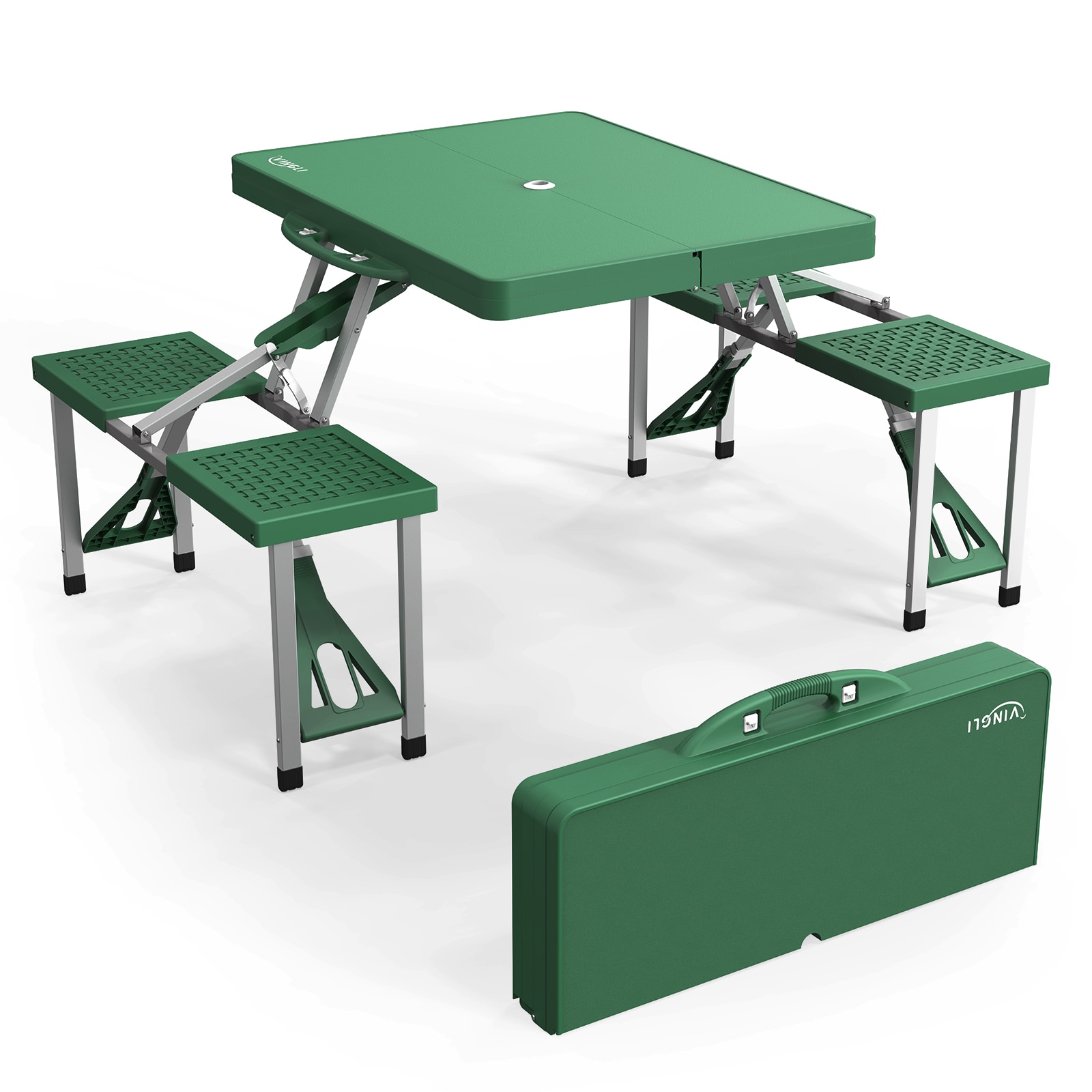 VINGLI - 4-Ft Portable Folding Picnic Table with 4 Seats and Umbrella Hole/ Foldable Camping Tabl...