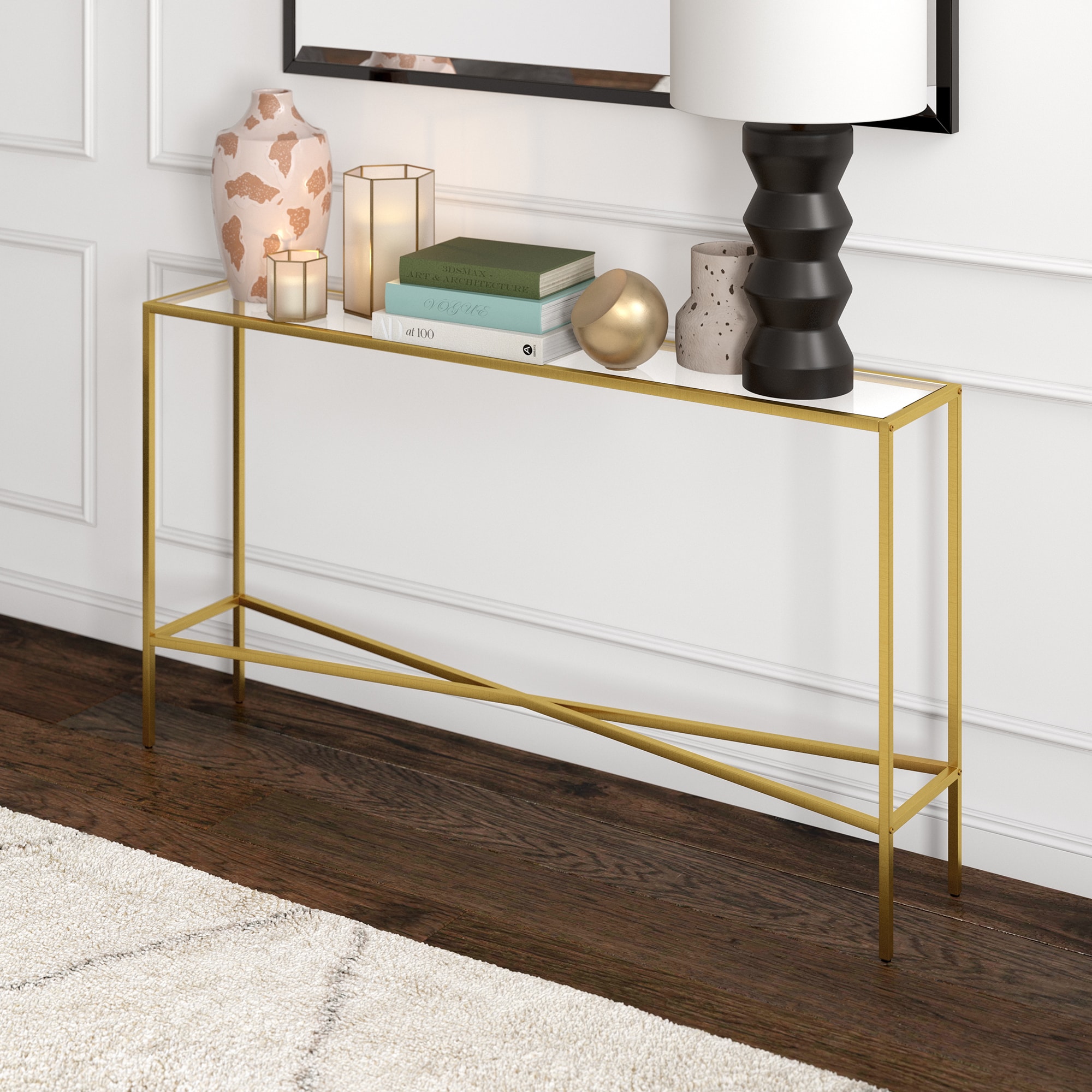 Hailey Home Contemporary Gold Brass Console Table with Tempered Glass ...