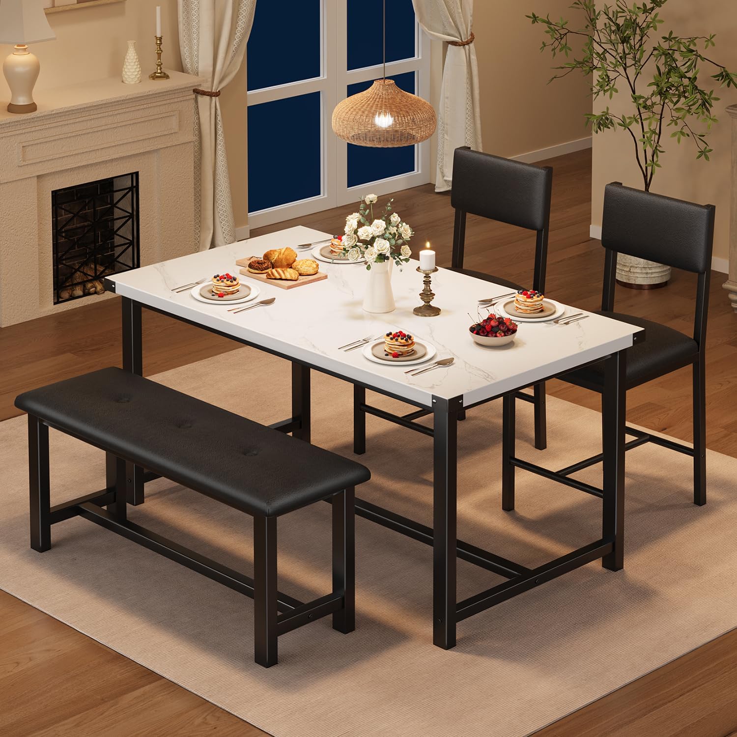 Garvee - Dining Table Set for 4 Kitchen Table with 2 Upholstered Chairs and Bench Wood Kitchen Di...
