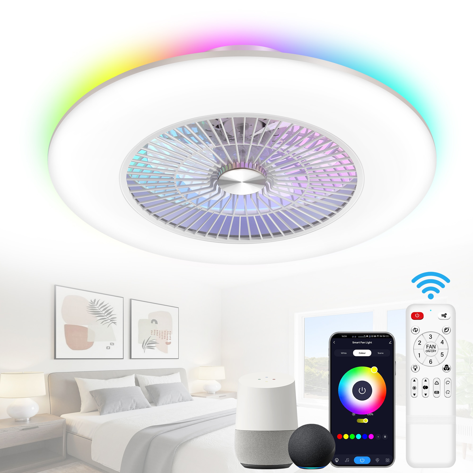 Breezary 32014-WH 23-in Color-Changing Integrated LED Flush Mount Smart Matte White with Clear Blades Fandelier Ceiling Fan With Light - Remote Included ( 7 -Blade )