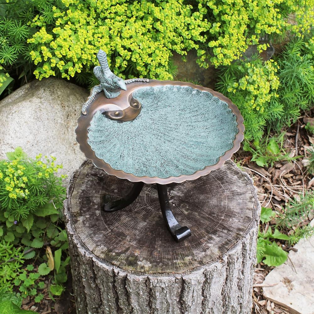 Antique Brass Scallop Shell Birdbath with Tripod Stand