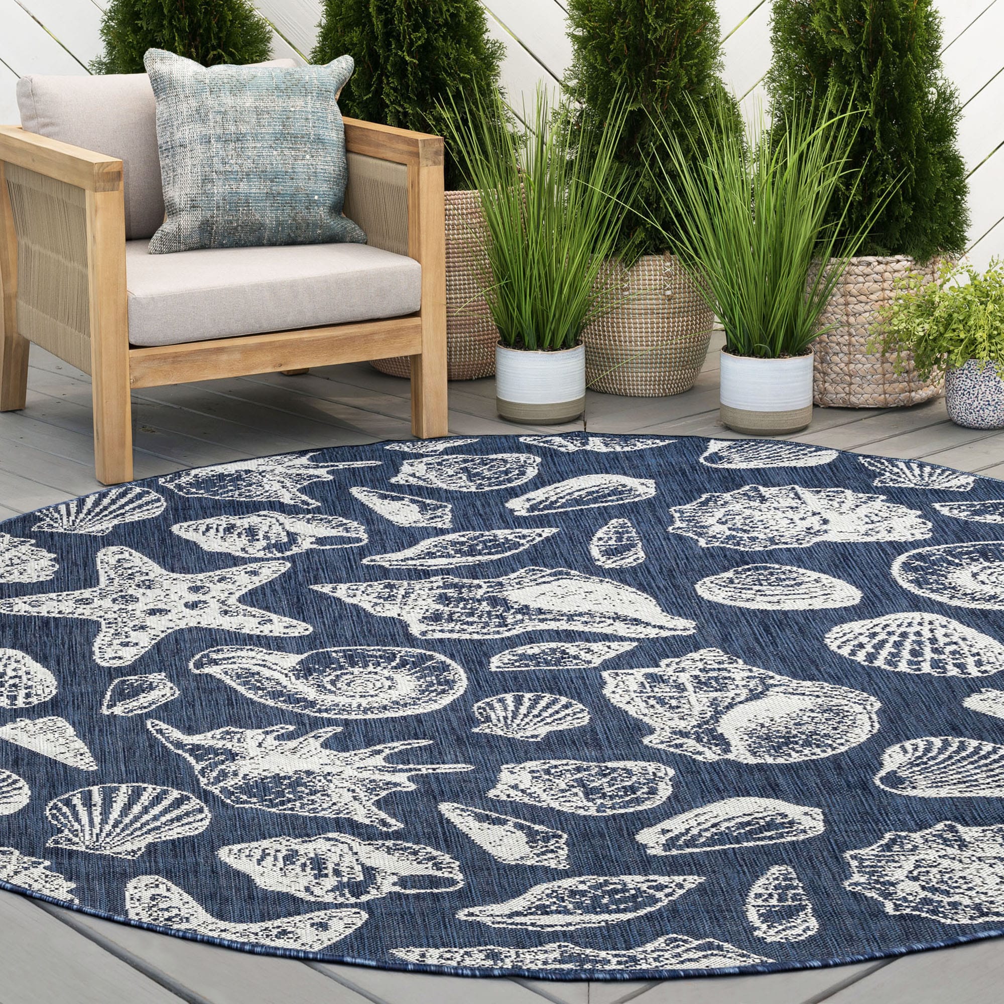 Tayse ECO1405 8RND Eco 8 x 8 (ft) Flatweave Polypropylene Navy Round Indoor/Outdoor Animal print Coastal Area rug