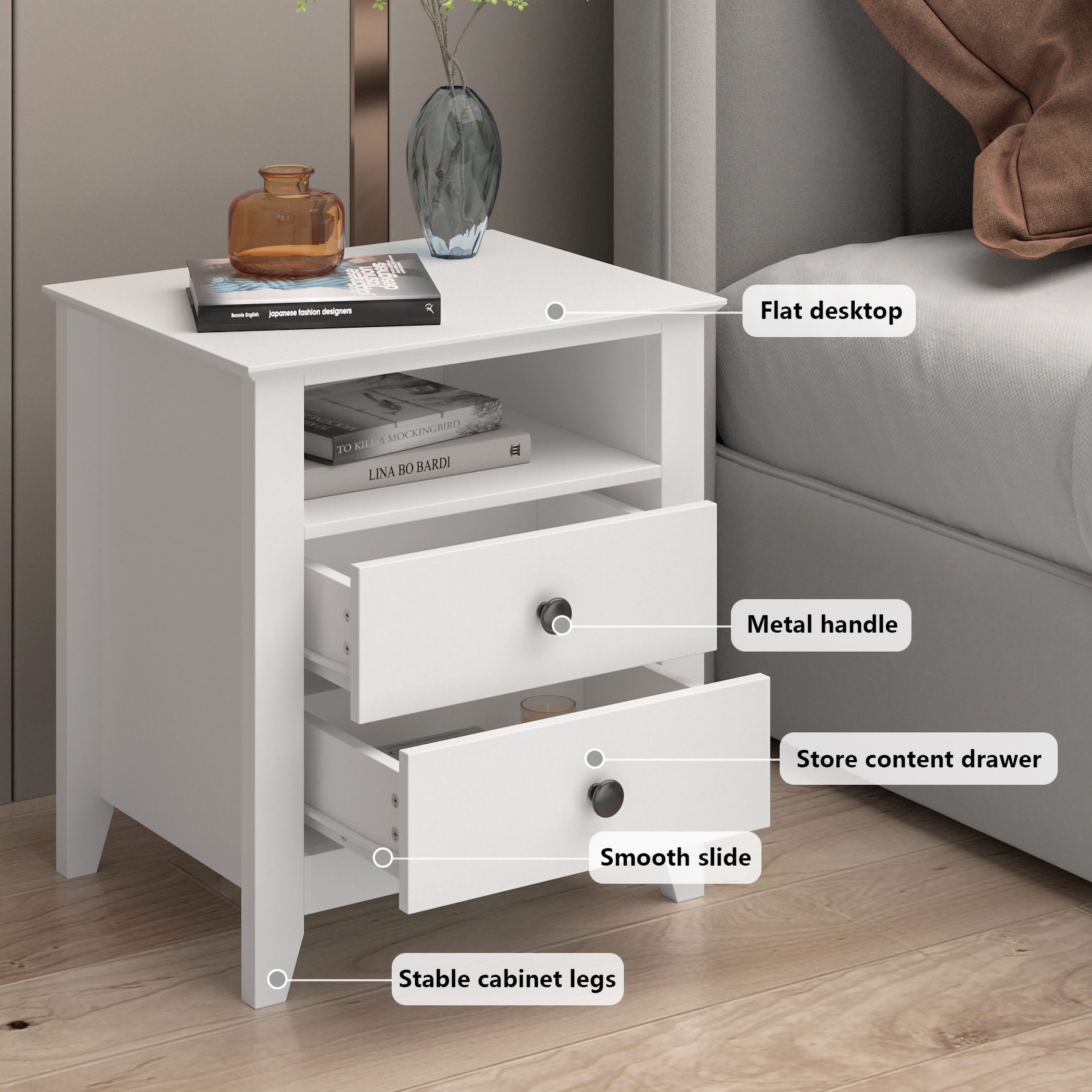 FUFU&GAGA 2-Drawer White Nightstands with Metal Legs and Open Shelf, Side  Table Bedside Table 15.7 in. D x 19.6 in. W x 21.6 in. H KF210123-04-xin 