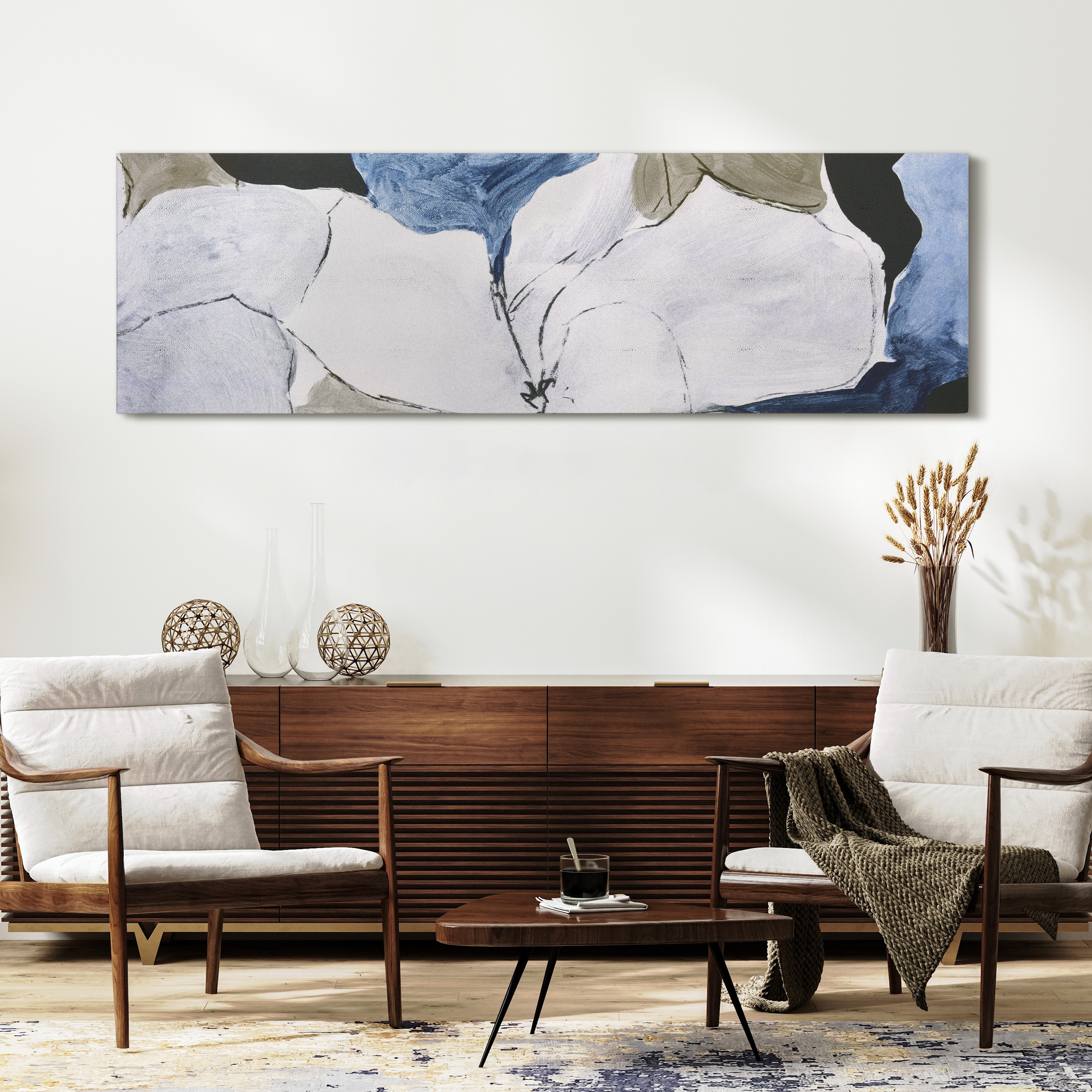 Floral Serenity Blue and Beige Abstract Canvas Wall Art Set