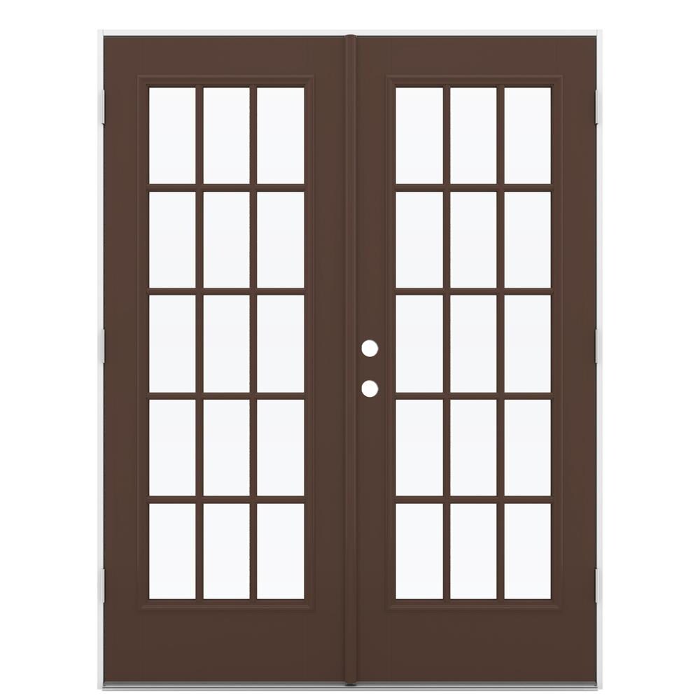 JELD-WEN French 60-in x 80-in x 4-9/16-in Jamb Low-e Simulated Divided Light Dark Chocolate Fiberglass French Left-Hand Outswing Double Patio Door -  LOWOLJW184100067