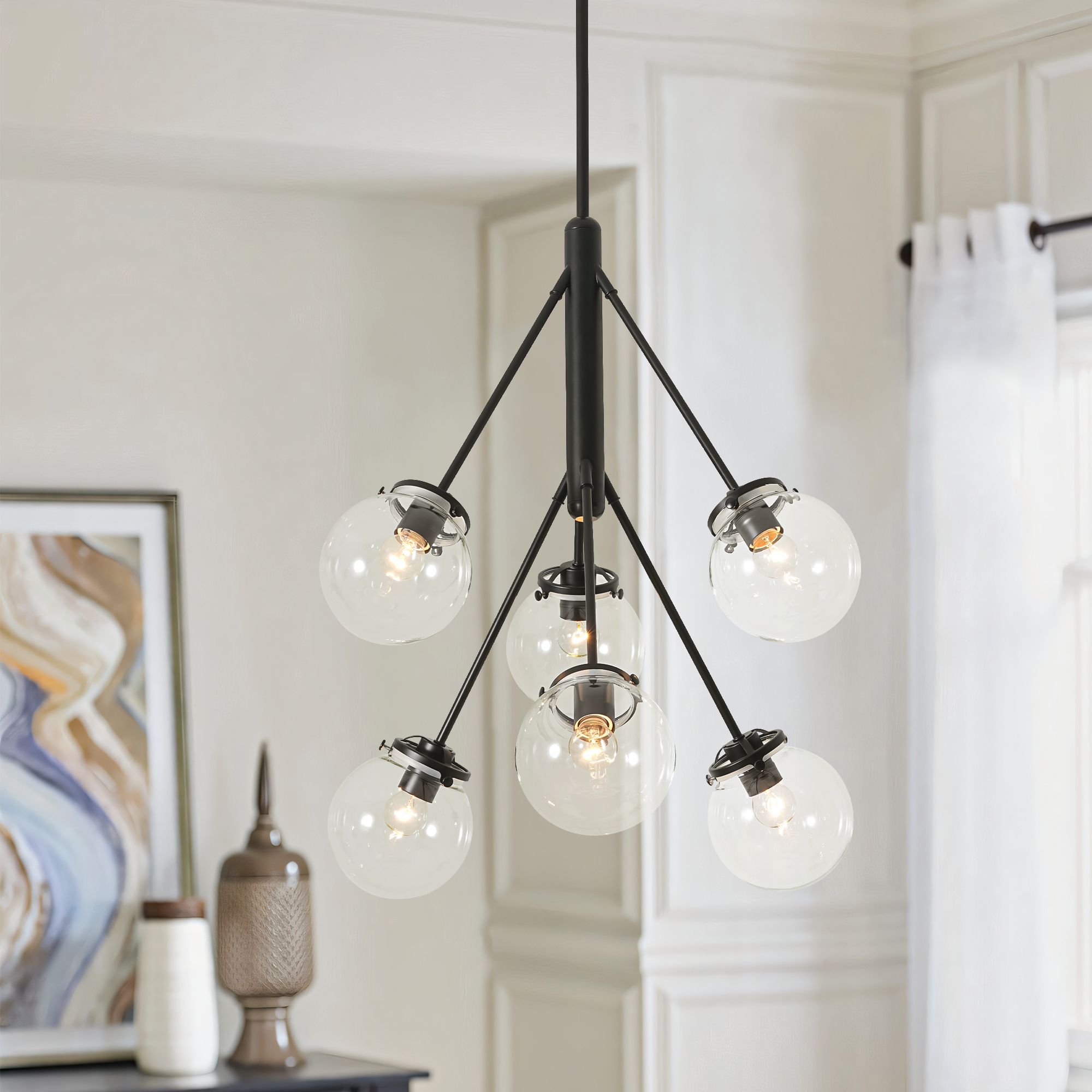 Rennnsan Ardena 6-Light Modern Matte Black Sputnik Chandelier with Clear Glass Globes