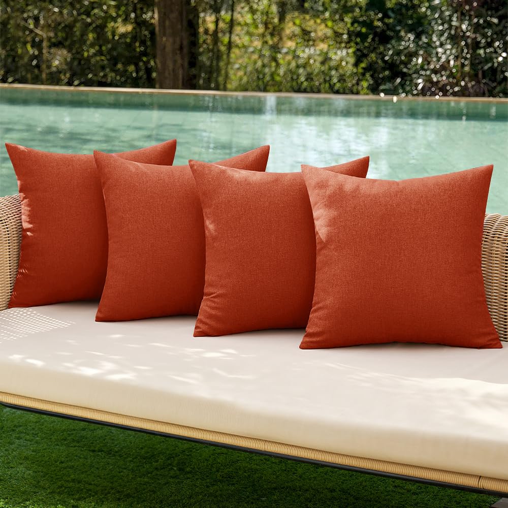 Afoxsos - Pack of 4 Burnt Orange Waterproof Throw Pillow Covers Linen Look Outdoor Cushion Cases...