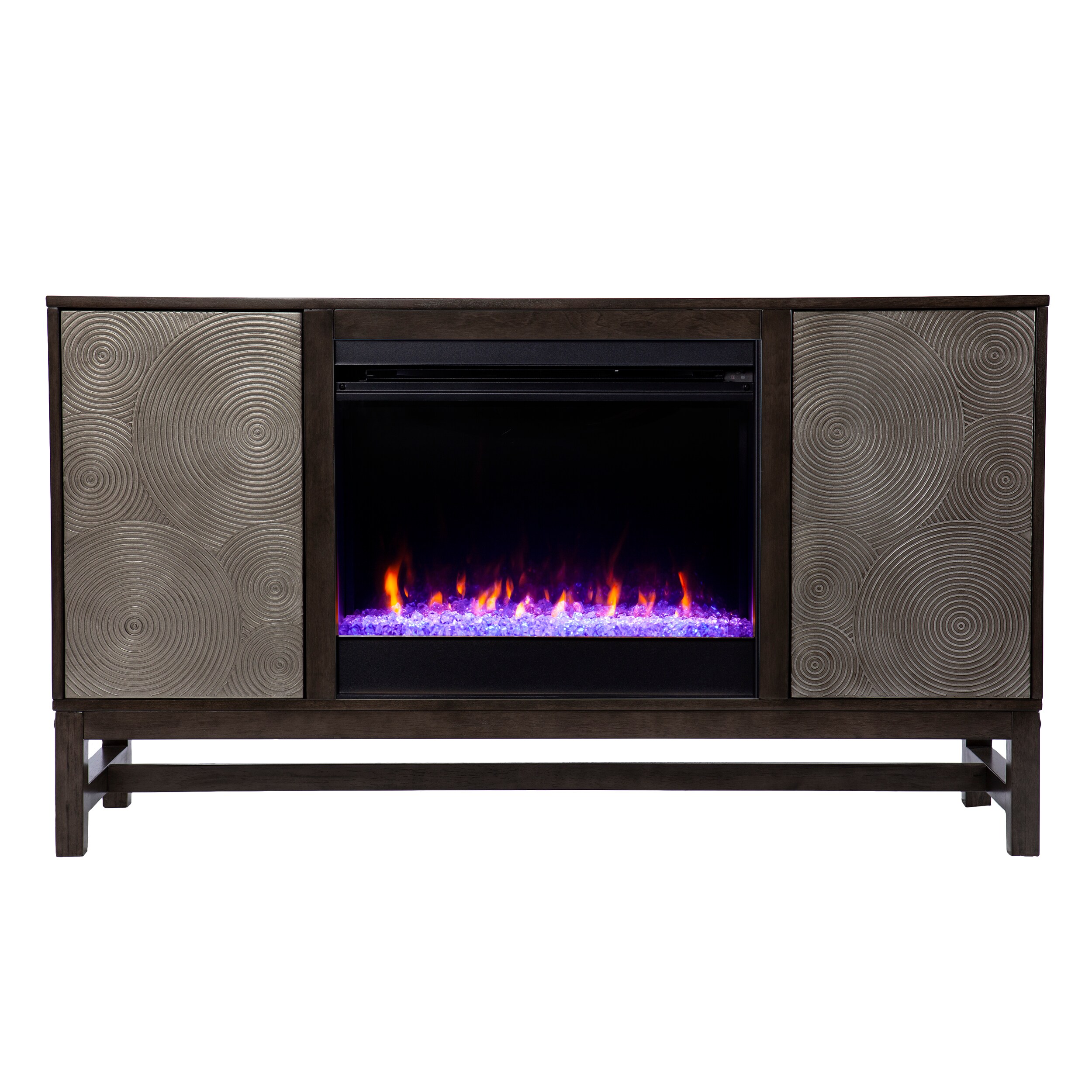 Southern Enterprises FC1137256 54.25-in W Brown, Antique Silver TV Stand with Fan-forced Flat wall Electric Fireplace with Remote Control Included