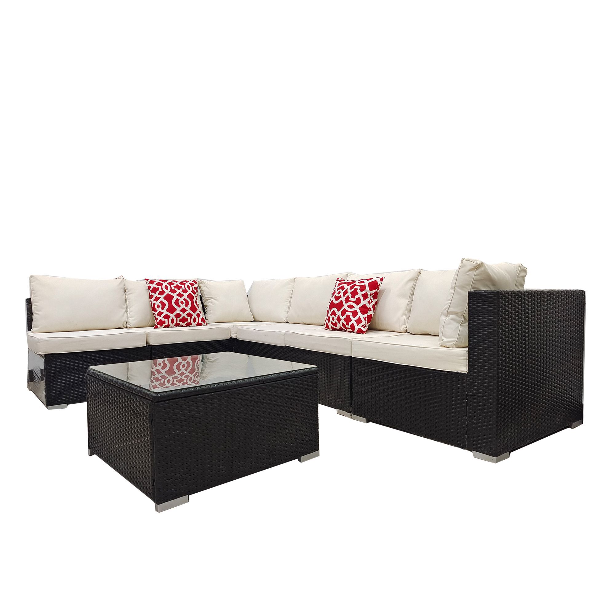 Flynama YC-V-W237-S00027 7-Piece Outdoor Steel and PE Wicker Patio Conversation Set with White Cushions