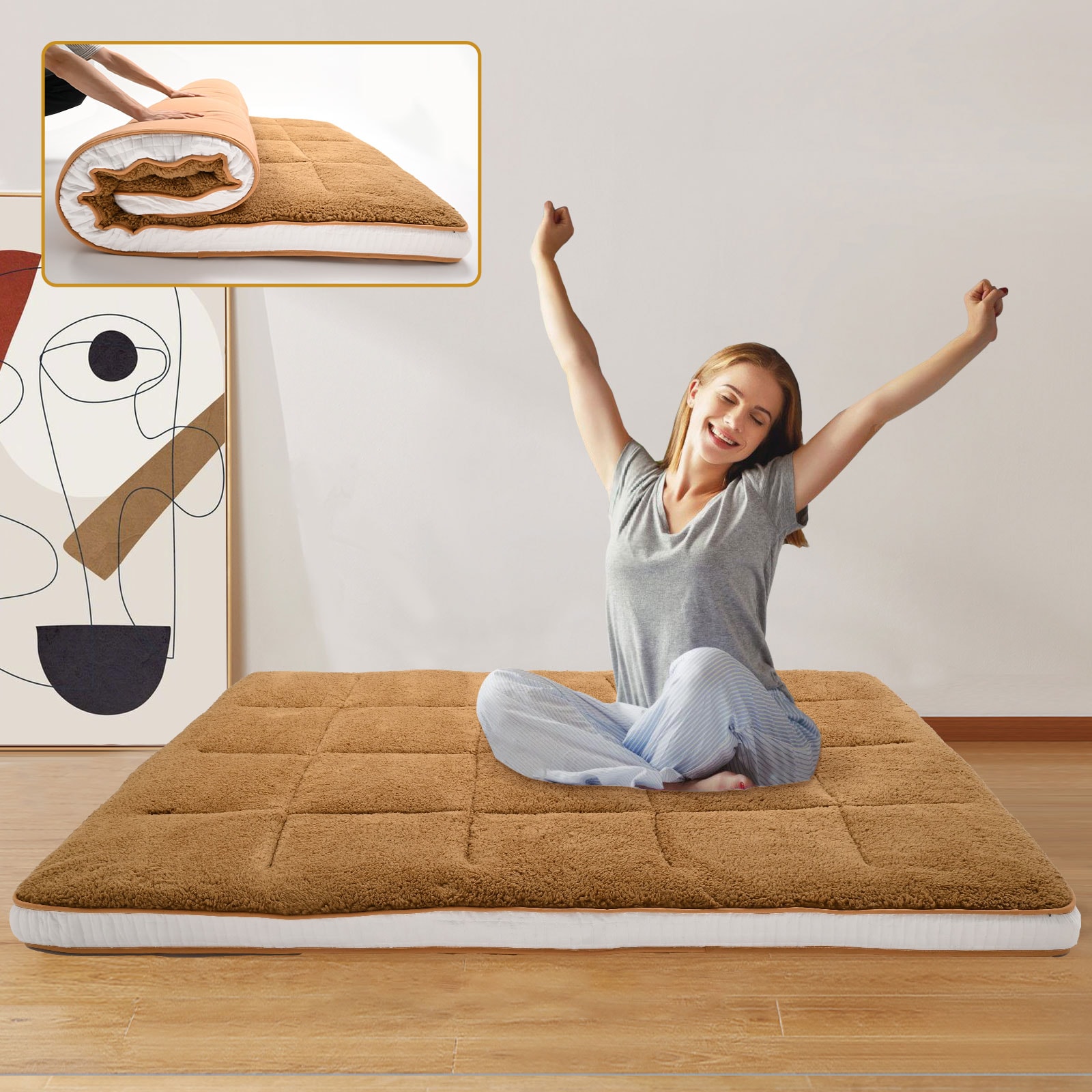 DOCRED  4 inch Extra Thick Foldable Sherpa Fleece Japanese Futon Floor Mattress Tatami Mat QUEEN Size