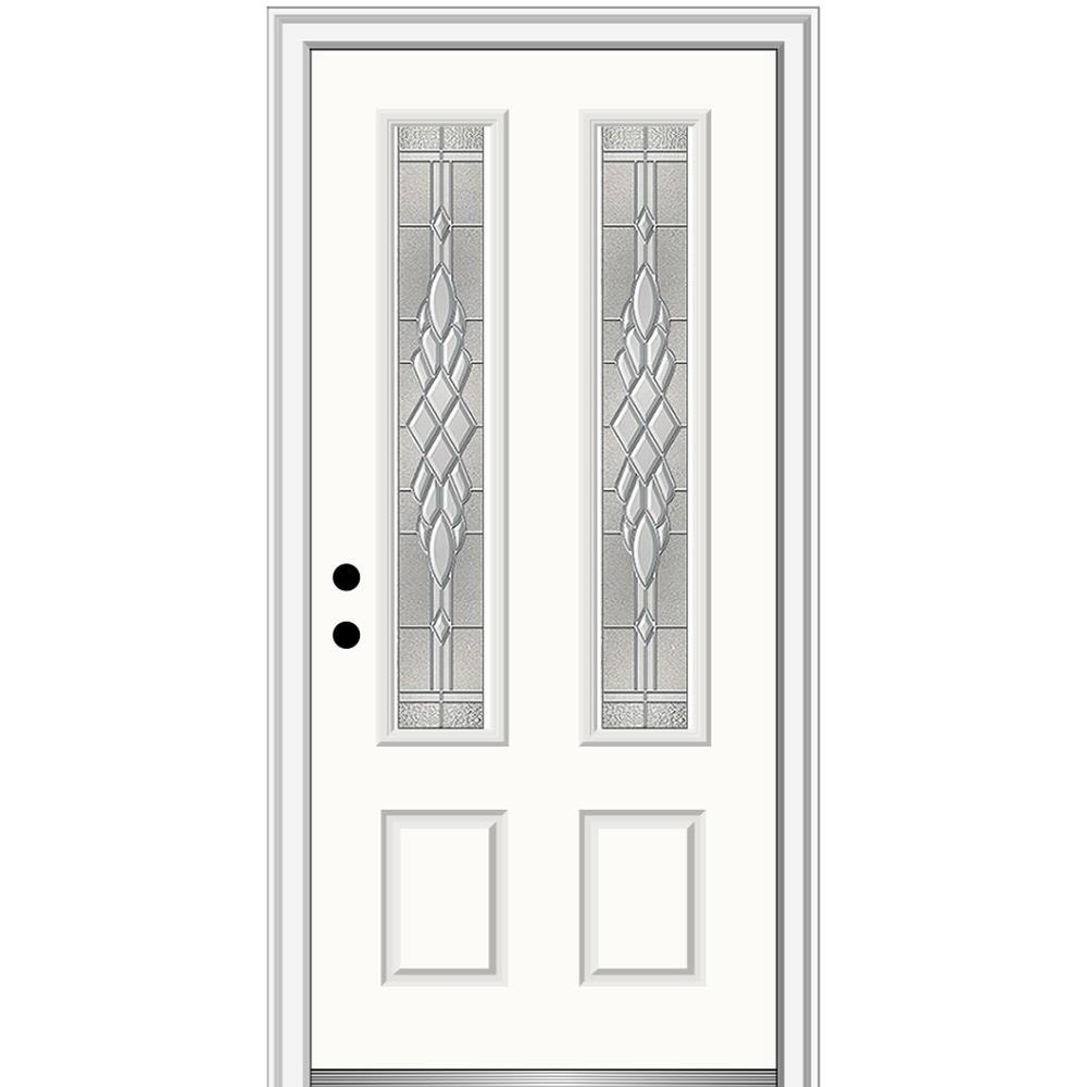 MMI DOOR ZZ3666991R 36-in x 80-in x 4-9/16-in Fiberglass Twin lite Right-hand inswing Alabaster Painted Prehung Front Door with Brickmould Insulating core
