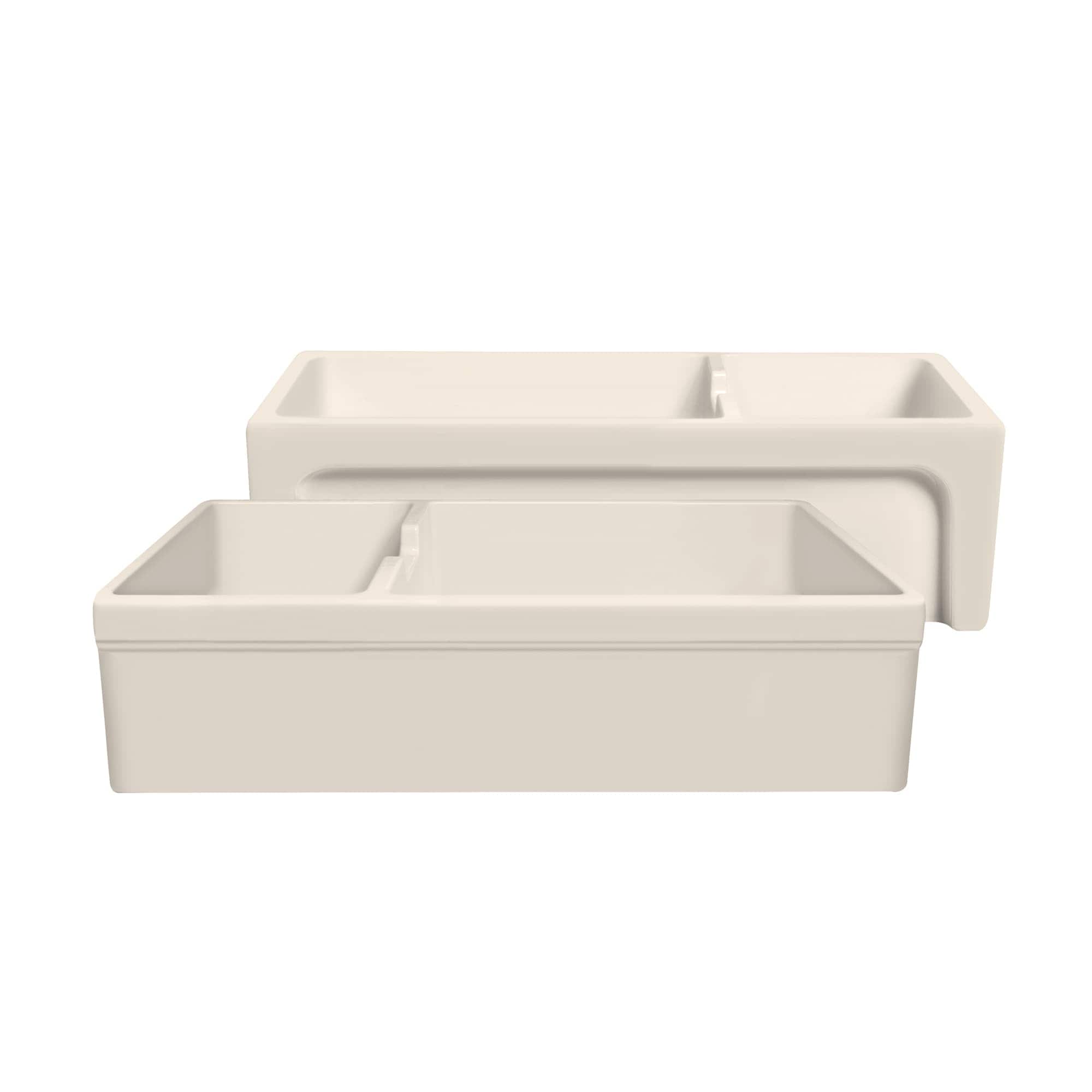 Whitehaus Collection Glencove Fireclay 42 inch Large Double Bowl  Reversible Sink with an Elegant Beveled Front Apron on One Side and a Decorative Lip on the Opposite Side