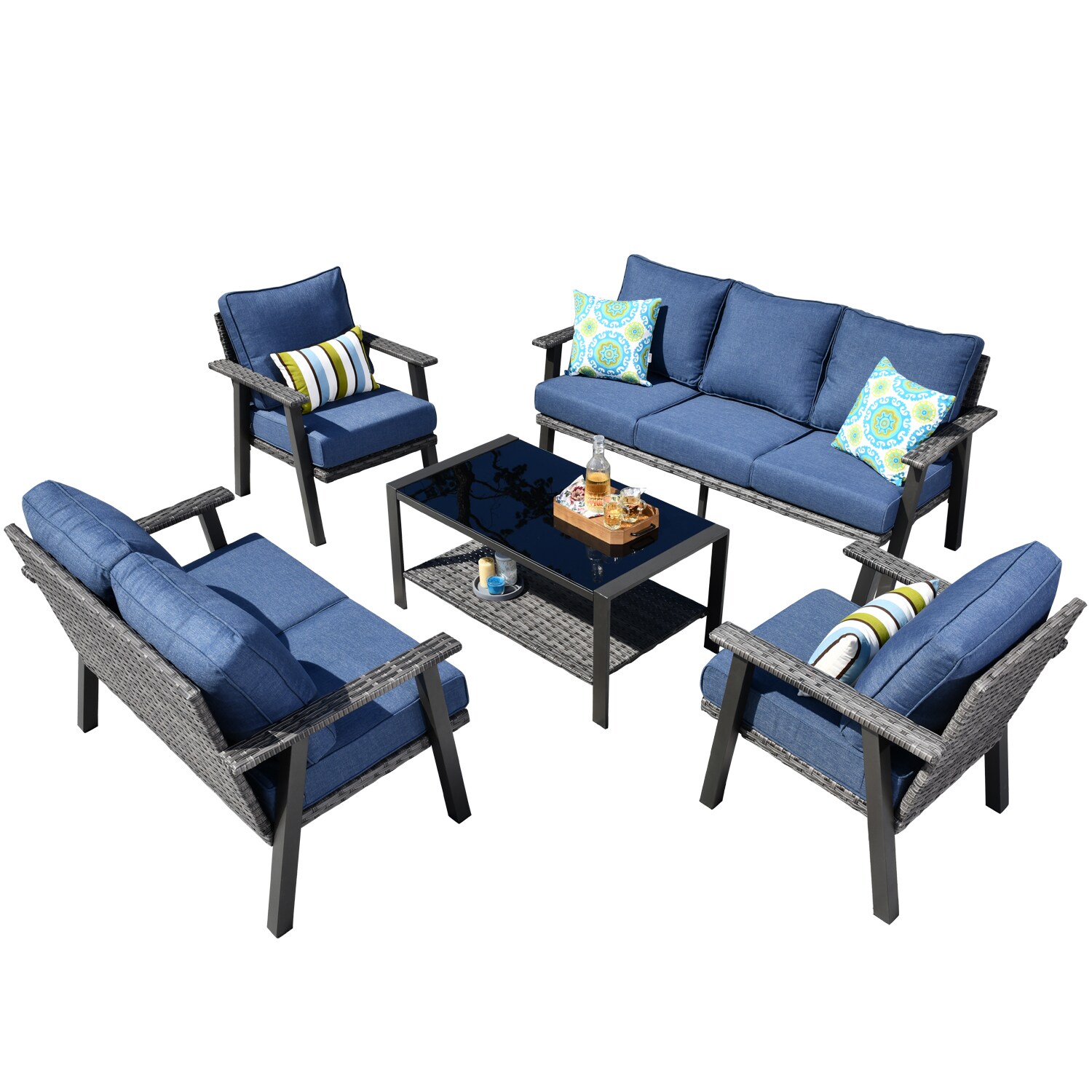 XIZZI XIHWB303 Taurus 5-Piece Wicker Patio Conversation Set with Blue Cushions
