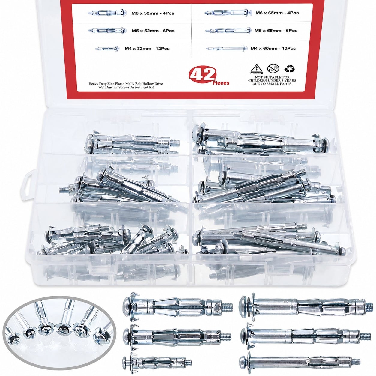 DYRCJ  42-Piece Metal Zinc Plated Steel Hollow Wall Anchors Assortment Kit with Six Sizes for Drywall and Heavy Duty Molly Bolt Applications