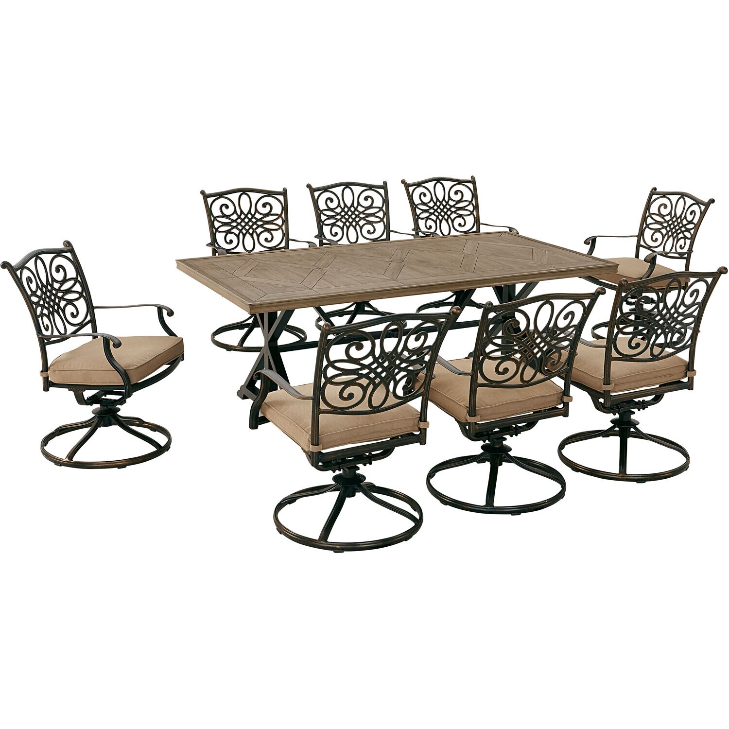 Hanover TRADDN9PTFSW8-TAN Traditions 9-Piece Dining Set in Tan with 8 Swivel Rockers and 42 in x 80 in Tile-Top Farmhouse Table