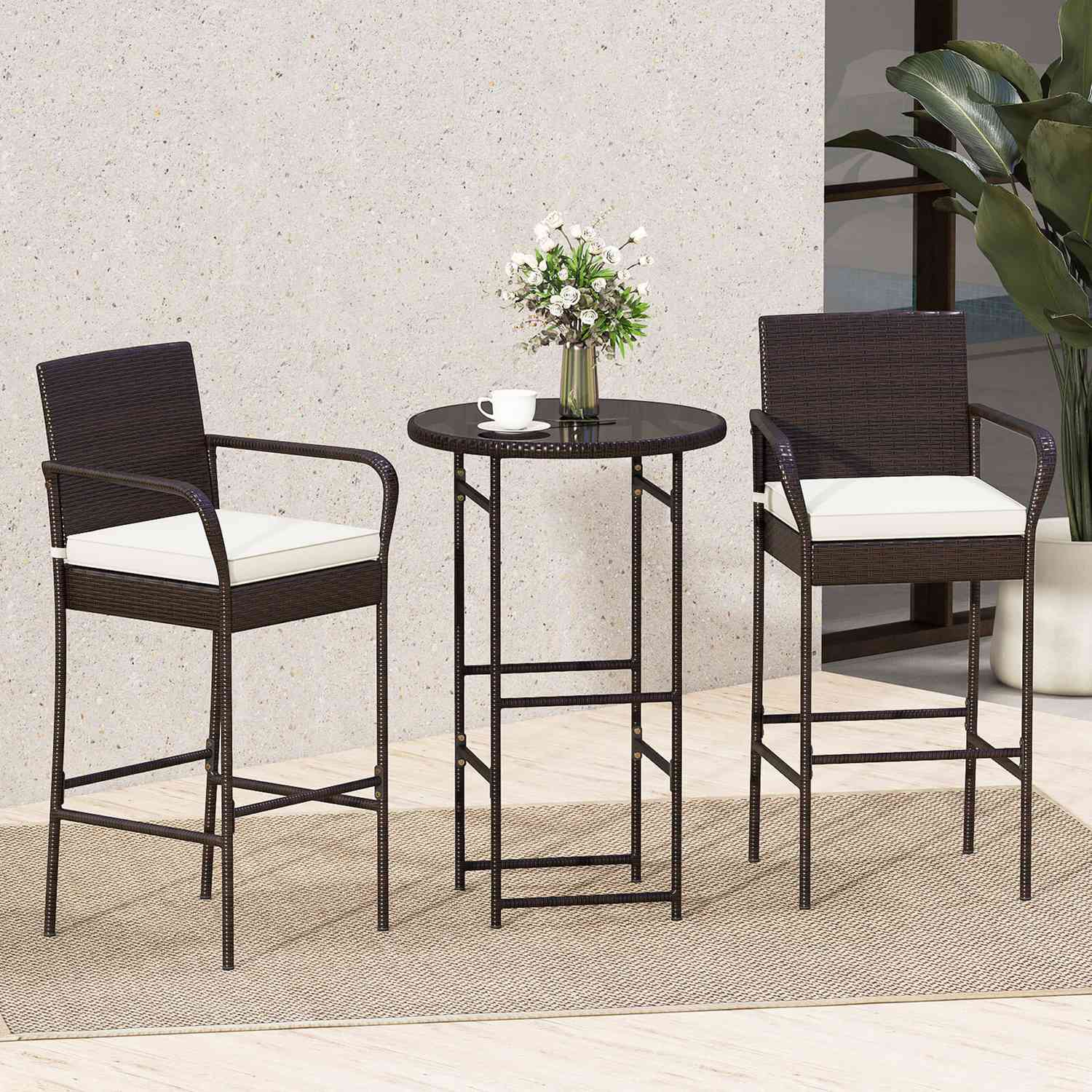 Costway CSHY001667 3 Piece Outdoor Bar Set Heavy-Duty Metal Barstool and Table Set with  Glass Tabletop