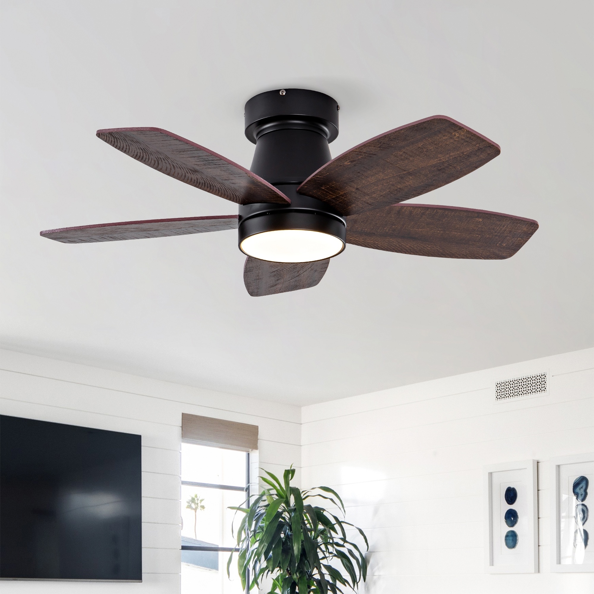 Vorene 32-in Low Profile Ceiling Fan Light Remote Reversible Dimmable Bedroom Patio Black