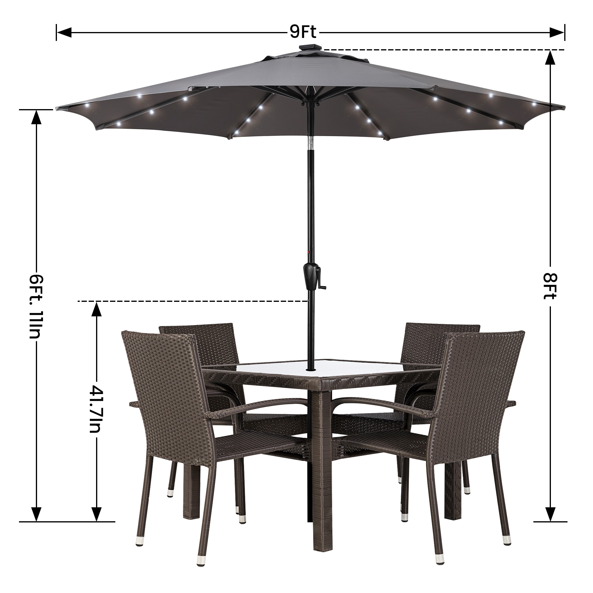 Gray 9' Round Steel Patio Umbrella with Solar LED Lights
