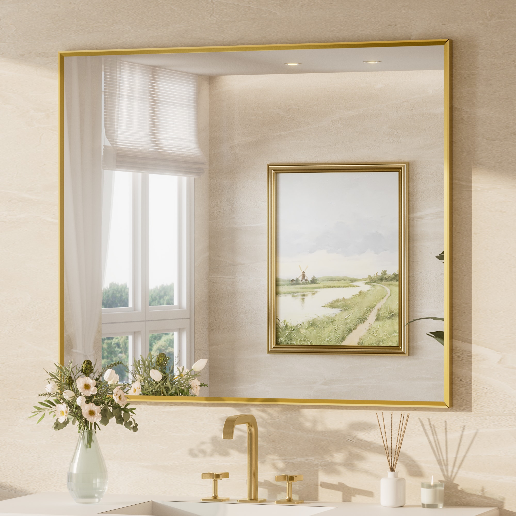 Keonjinn LW-25F-10690SG Bathroom Mirrors 42-in W x 35-in H Rectangle Brushed Gold Framed Wall Mirror