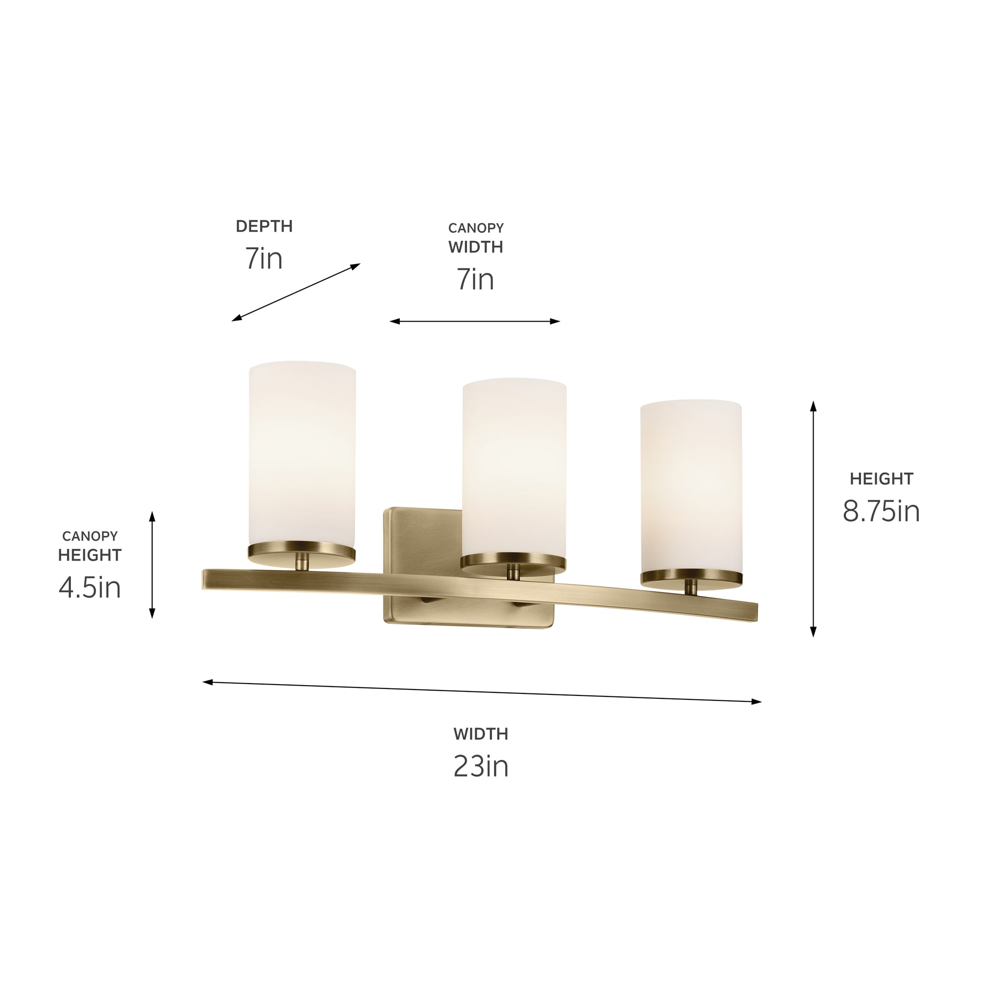 Natural Brass 23" Vanity Light with Satin Etched Opal Glass Shades