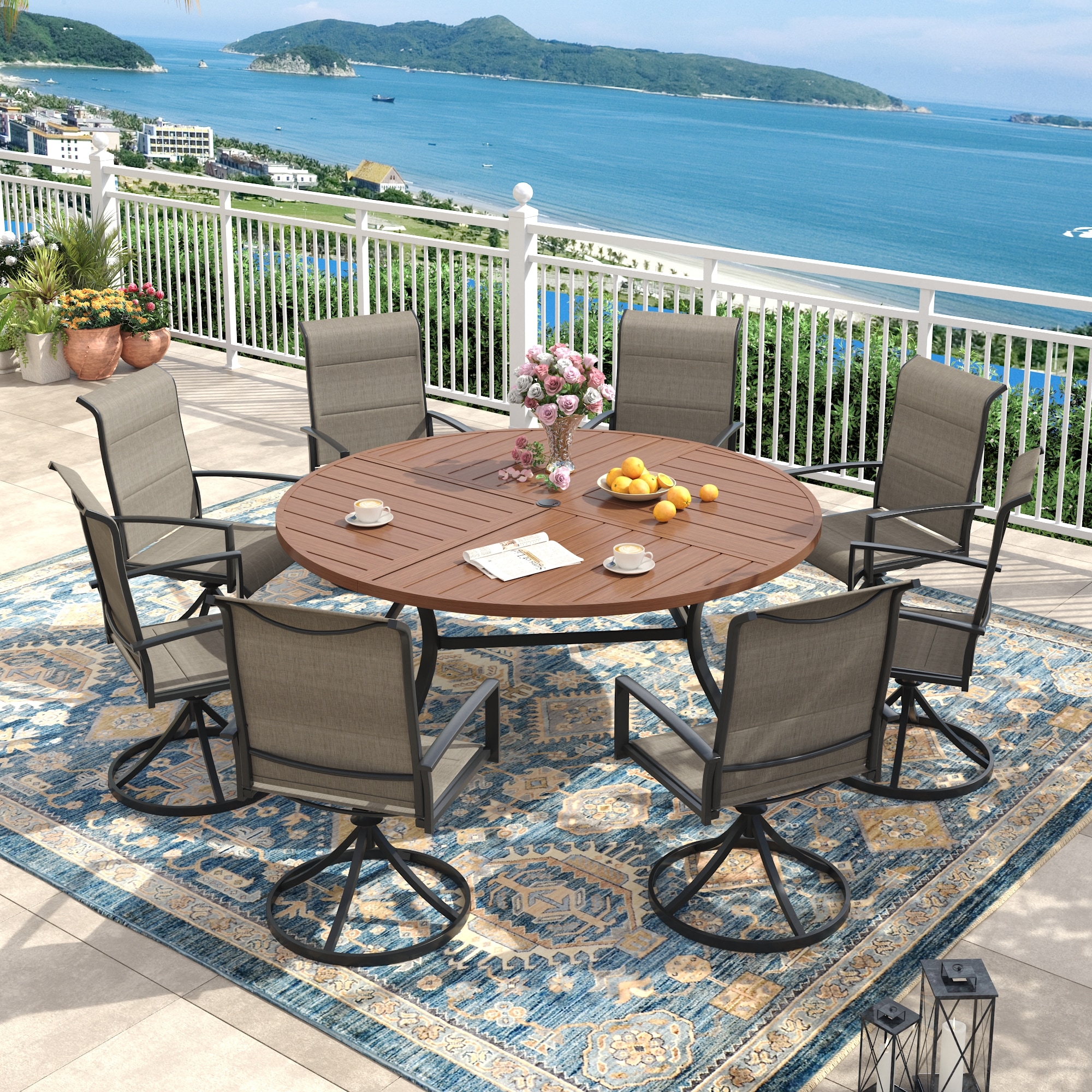 VICLLAX - 8-Person Outdoor Round Table and Chairs 9 -Piece Black Patio Dining Set Steel Round Tab...