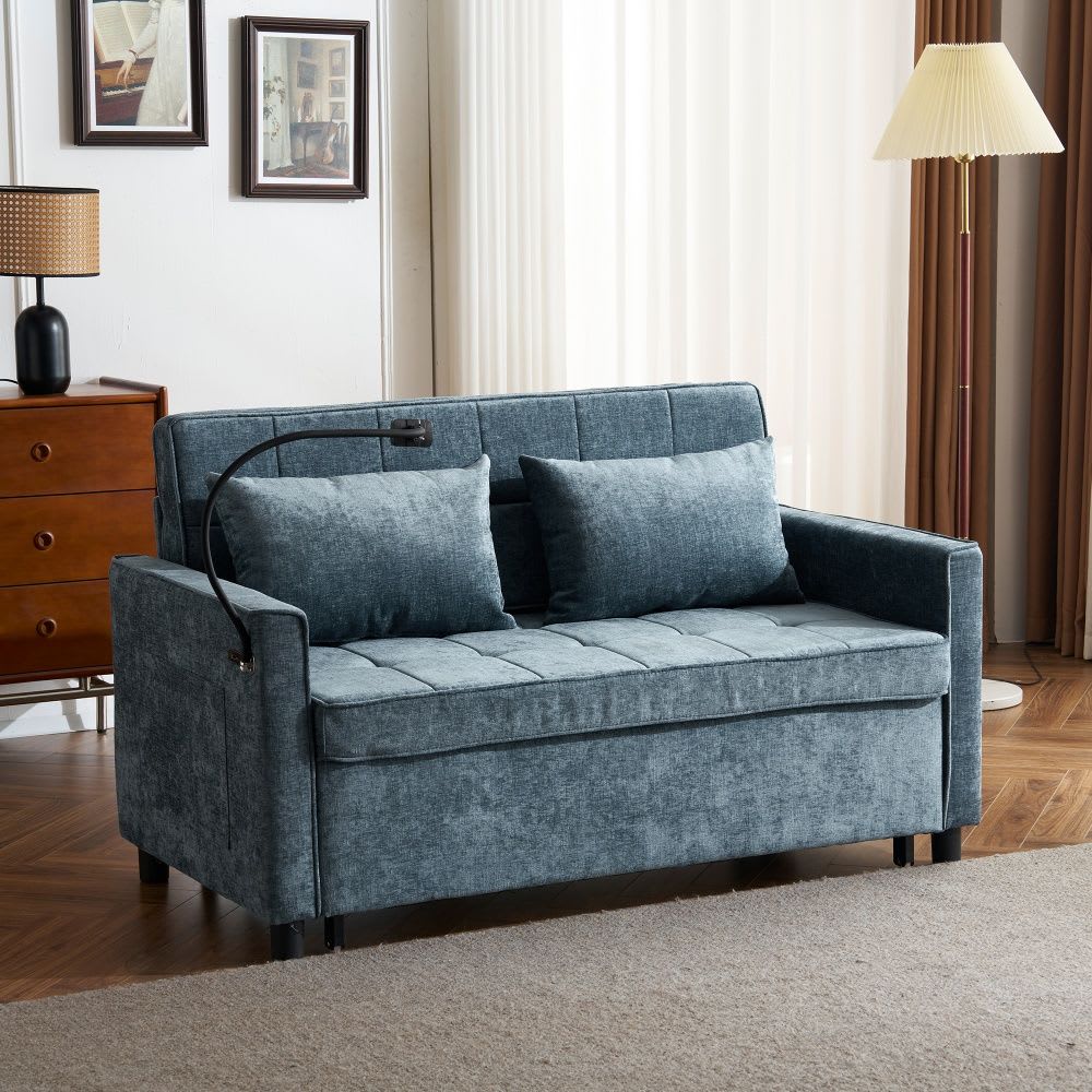 Coolbibila 56.9-in Blue Chenille Loveseat Sofa Pull-Out Sofa Bed 2-Seat Convertible Sleeper Sofa With Side Pockets Two USB Ports And Phone Holder