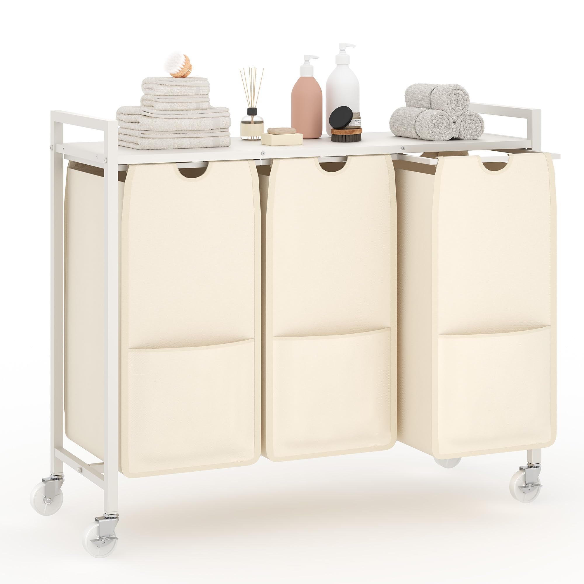 IdealHouse Laundry Hamper with Shelf and 3-Pull-Out Removable Bags - Movable Wheels and Metal Frame - 3 x 10.5 Gal Clothes Organizer for Bathroom - White and Beige