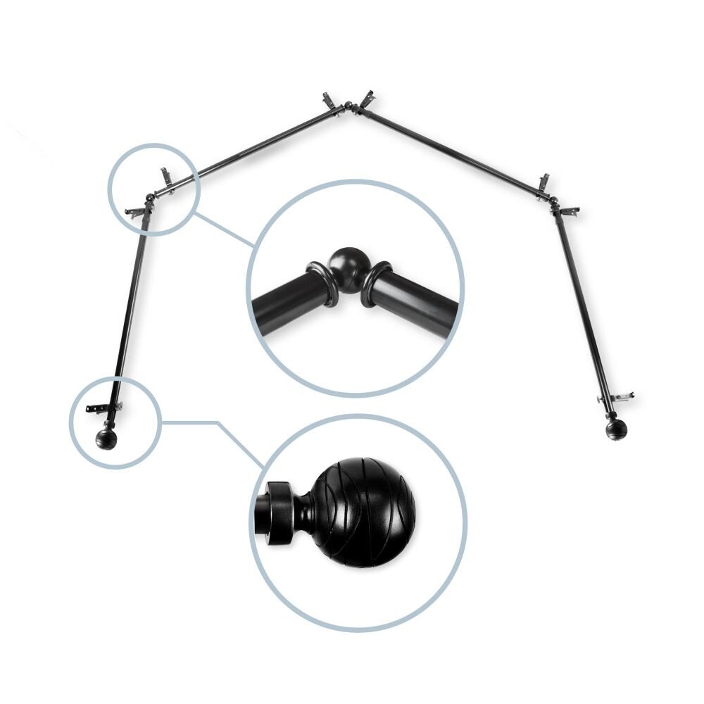 Hart & Harlow L4BAY-84-2 Able 13/16-in 4-sided 28-in to 48-in Black Steel Bay window curtain rod with Finials