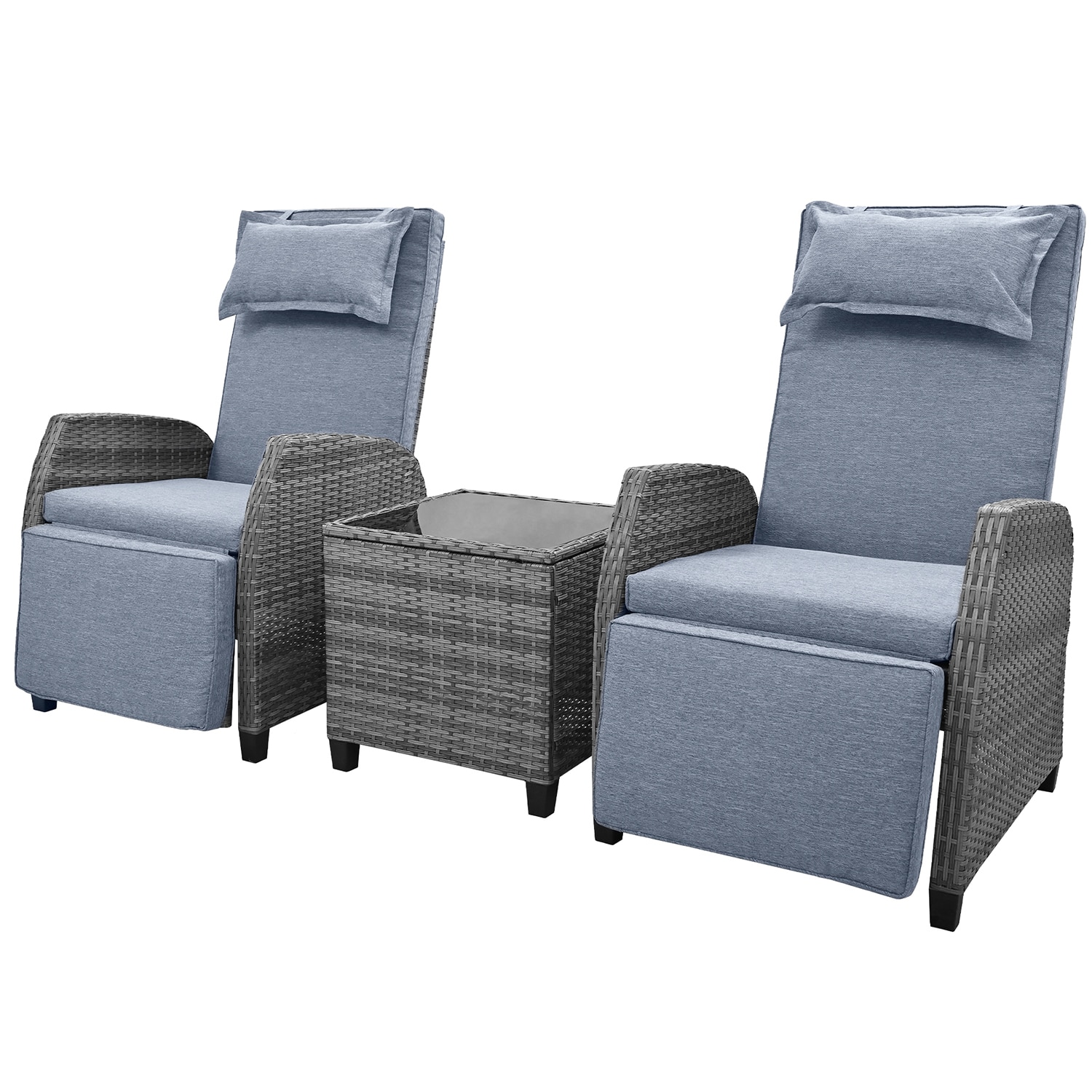 SINOFURN SYA020334GY Set of 2 Rattan Gray Rattan Frame Stationary Recliner Chair with Off-white Cushioned Seat