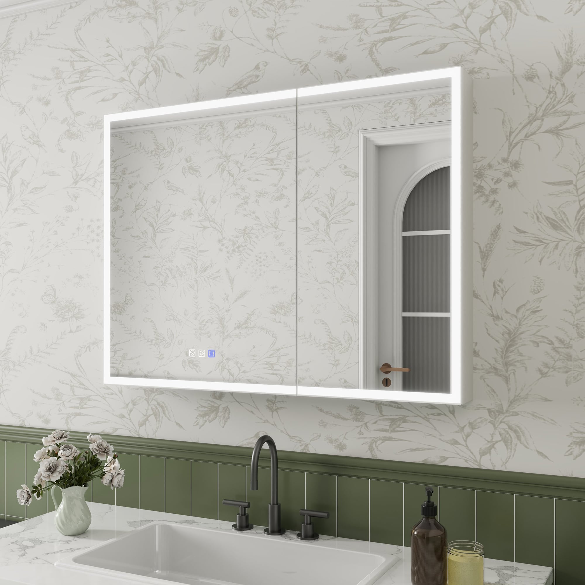 ExBrite Luvia 40-in x 30-in Lighted LED Fog Free Surface/Recessed Mount Silvery Gray Mirrored Rectangle Soft Close Medicine Cabinet with Outlet