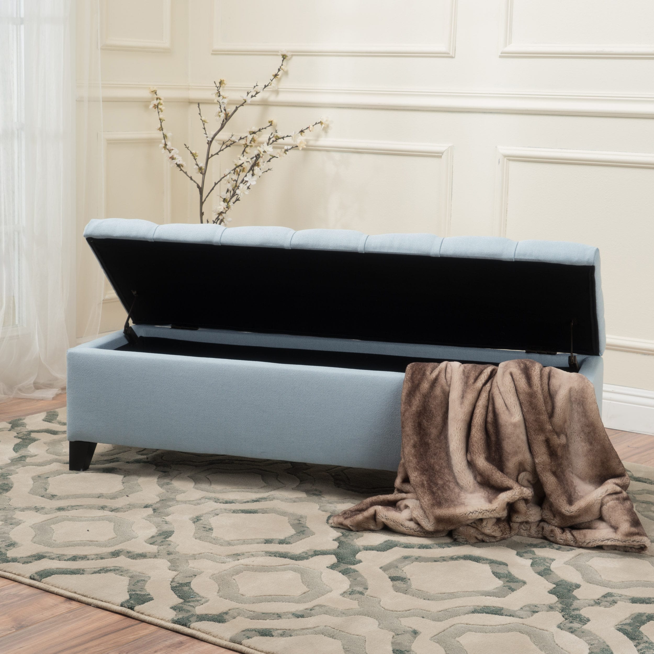 Light Blue Button-Tufted Upholstered Storage Ottoman Bench