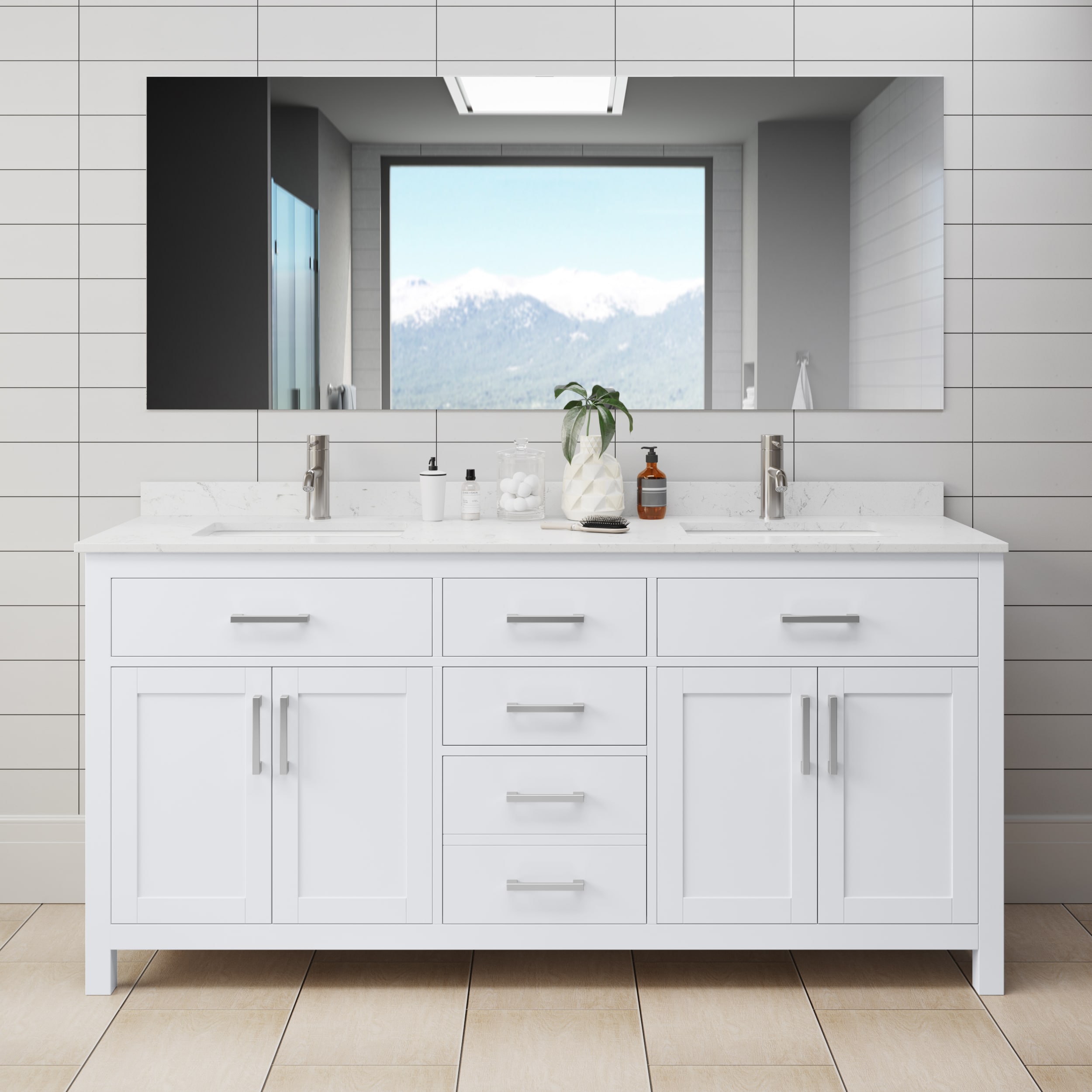 Wyndham Collection WCG242472DWHCCUNSMXX Beckett 72-in White with Brushed Nickel Trim Undermount Double sink Bathroom Vanity with Carrara Cultured Marble Cultured marble Top