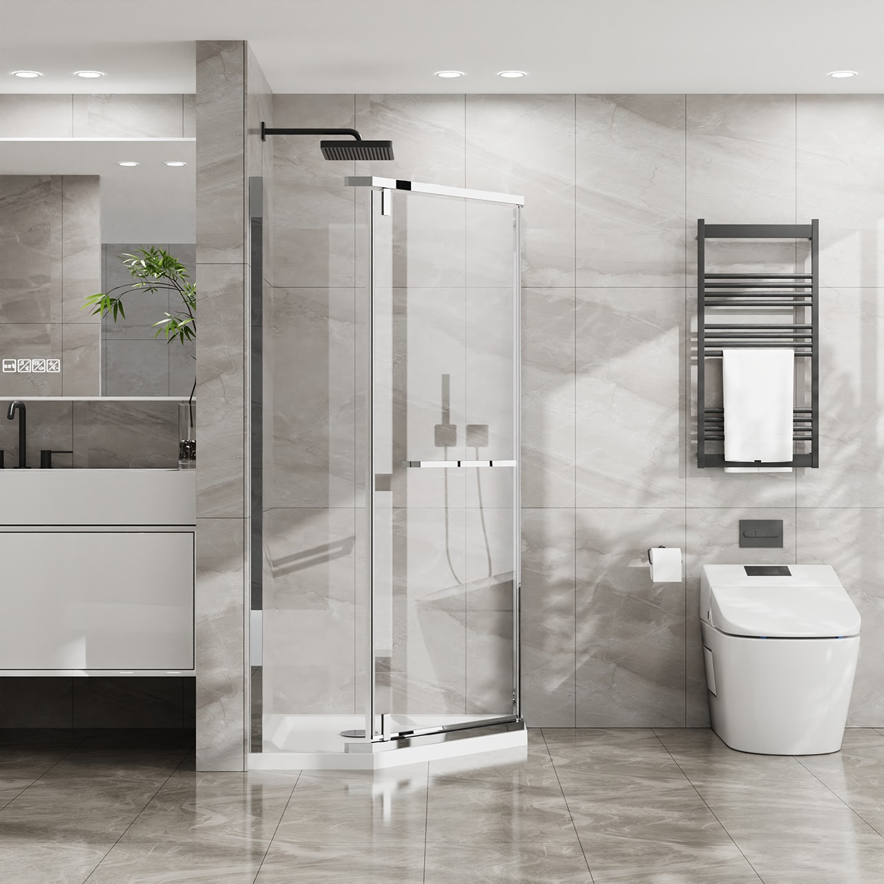 Rainlex  36-in x36-in x72-in Neo-Angle Frameless Shower Door Clear Tempered Glass Chrome Pivot Corner Enclosure