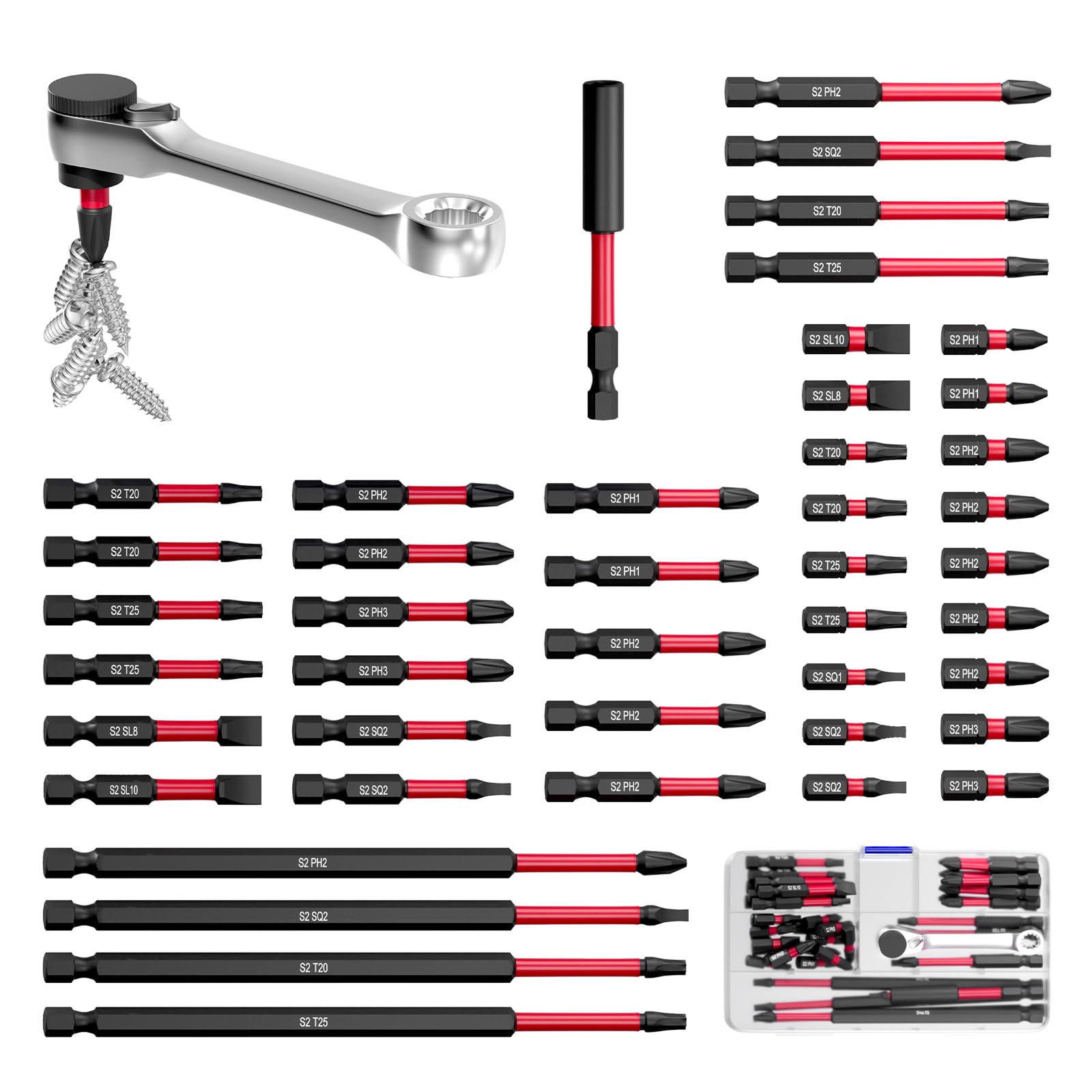 Linder Group Inc 46 Piece Magnetic Drill Bit Set S2 Steel Impact Screwdriver Bits Kit with Mini Ratchet Wrench and Magnetic Bit Holder for Electric Drill Drivers #L3VZ3GDK