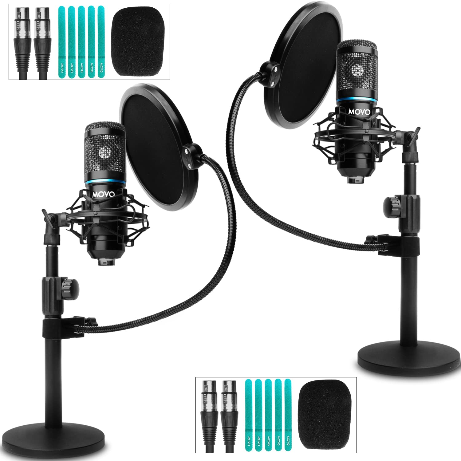 Movo  2-Pack Universal Cardioid Podcasting Microphone Bundle with Tabletop Mic Stand and Pop Filter for XLR Outputs