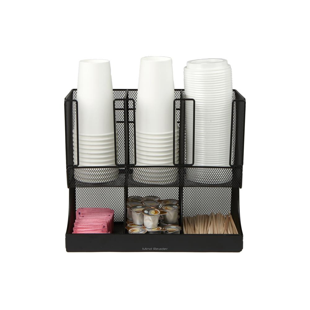 Mind Reader 6 Compartment Upright Breakroom Coffee Condiment and Cup  Storage Organizer, Black Metal Mesh