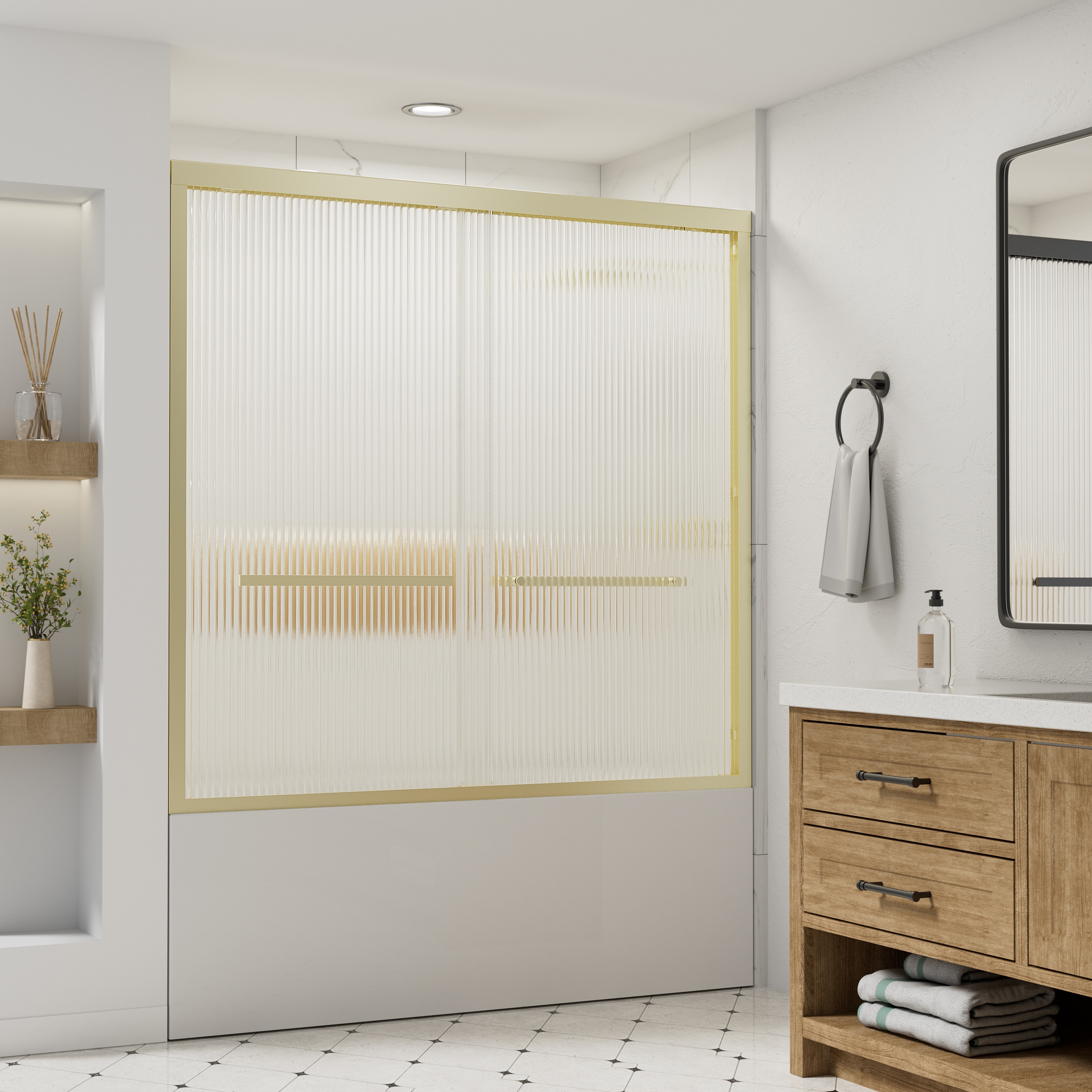 Yuaris 56 in. - 60 in. W x 58 in. H Double Sliding Framed Tub Shower Door in Brushed Gold with Fluted Glass