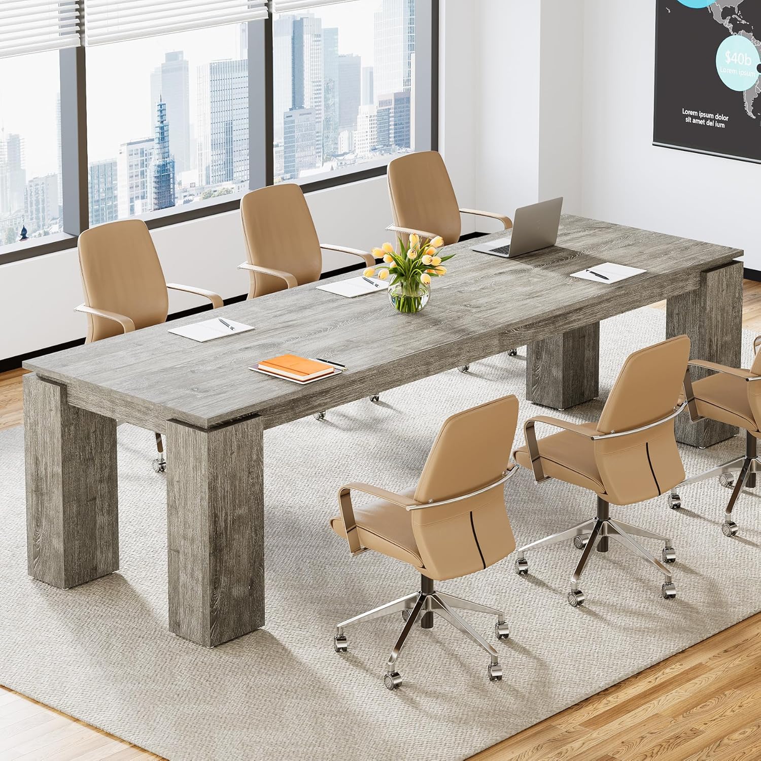 Tribesigns Gray 6 to 8 Person Rectangular Conference Table 86.6 W x 29.5 H with Thick Legs