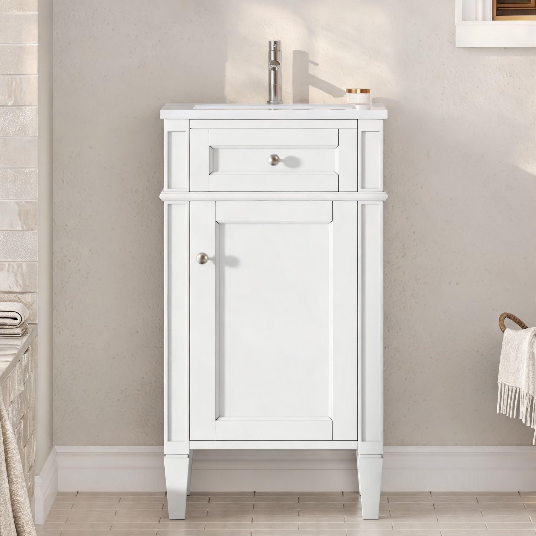 Watnature - Soft White Freestanding 18-inch Single Bathroom Vanity Set with Ceramic Sink French S...