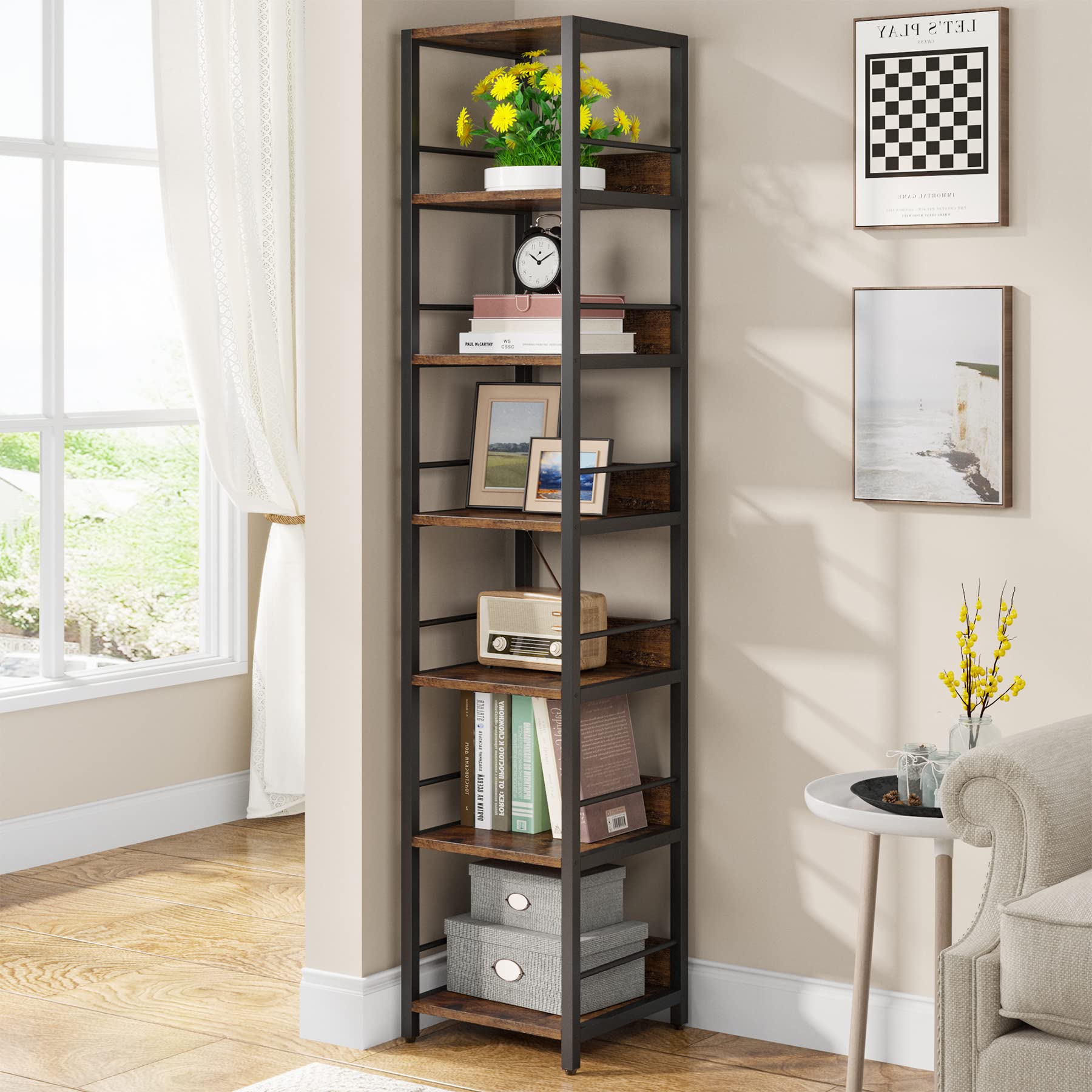 Tribesigns Earlimart Brown Metal 5 -Shelf Corner Bookcase ( 27.56-in W x 70.87-in H x 11.81-in D ) Finished