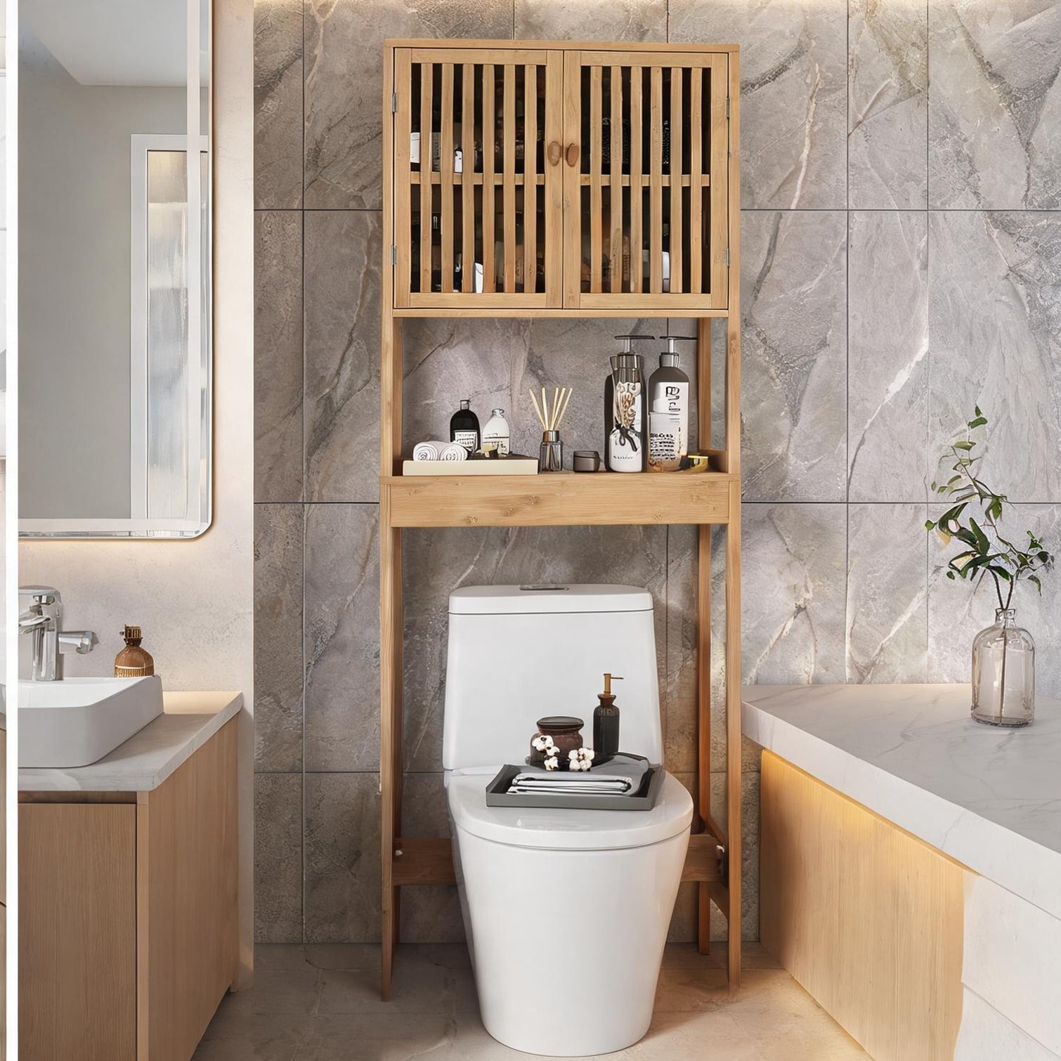 BBabe Natural Finish and Shelving Cabinet with Adjustable Design Bamboo and MDF 9.3 x 3.4 x 26.6 in