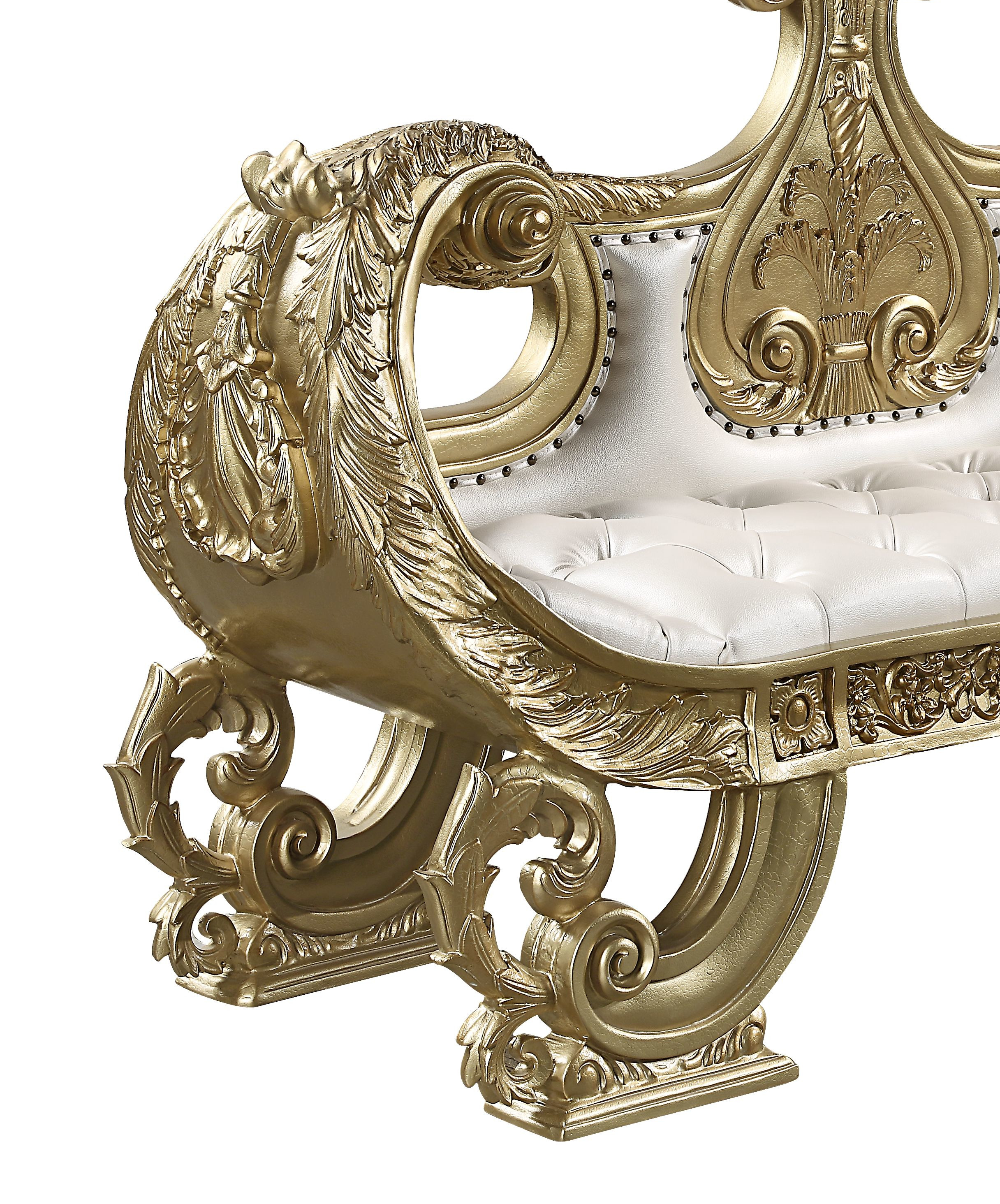 Bernadette White and Gold Synthetic Leather Bench with Intricate Scrollwork