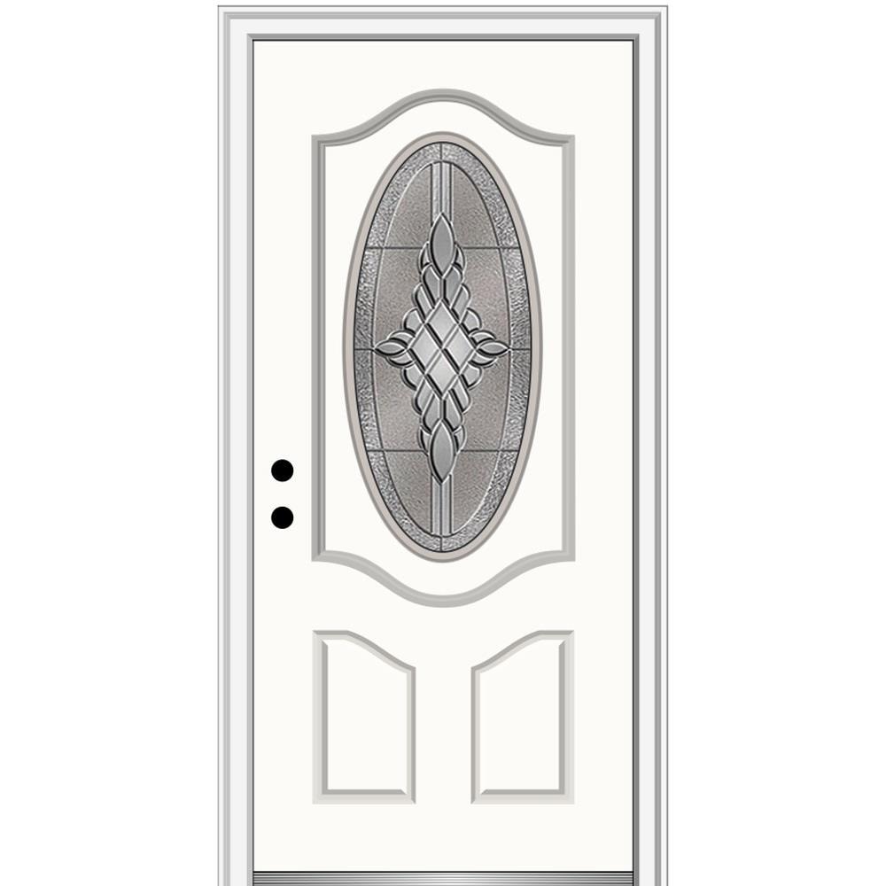 MMI DOOR 36-in x 80-in x 4-9/16-in Fiberglass Oval lite Right-hand inswing Alabaster Painted Prehung Front Door with Brickmould Insulating core