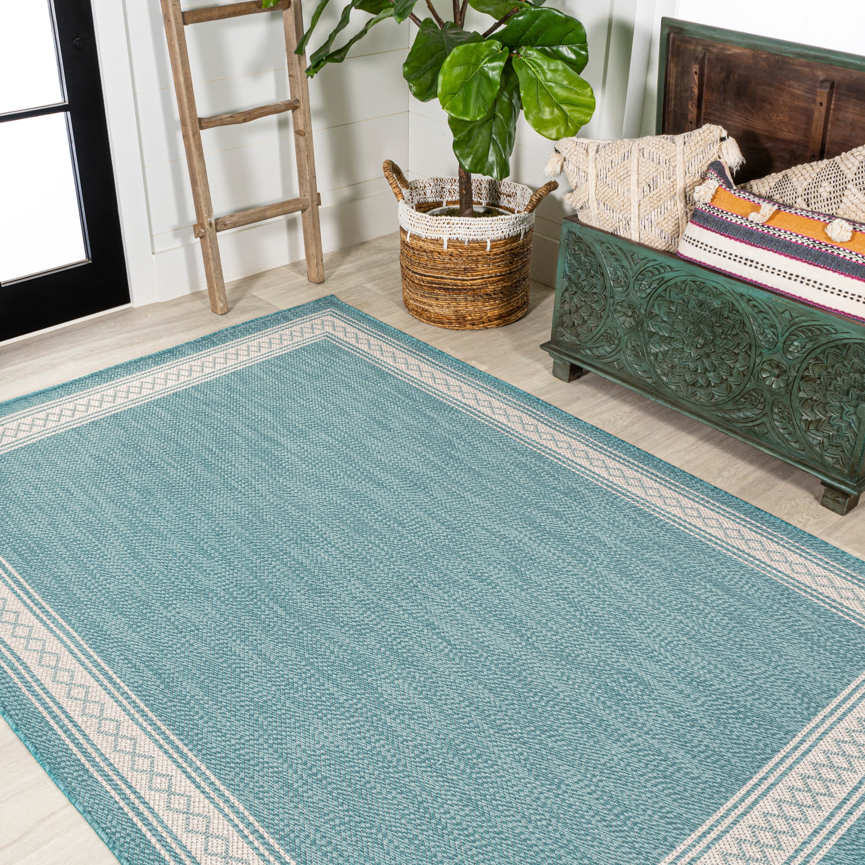 Aqua and Light Gray Reversible Diamond Synthetic Area Rug