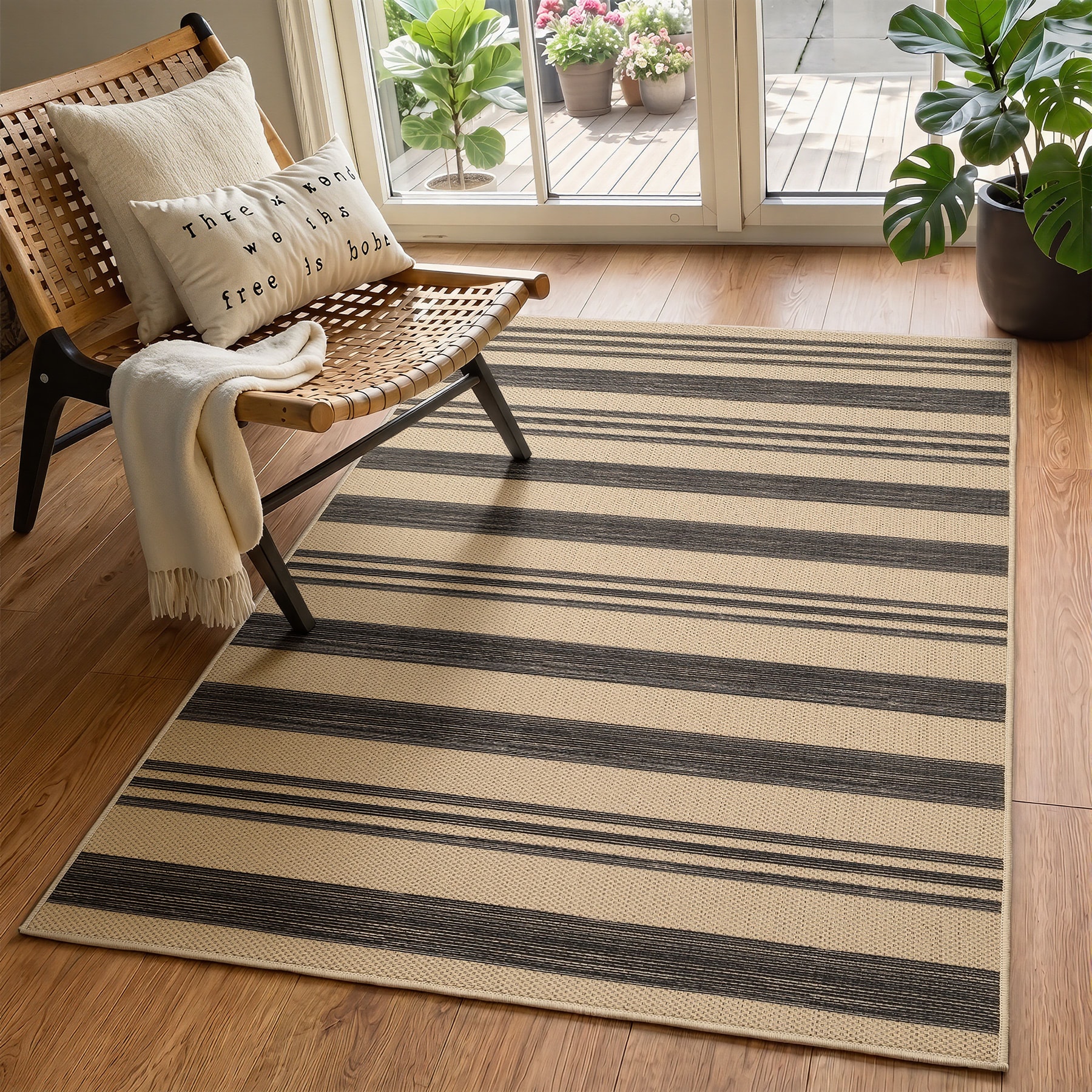 LITTLE TREE 3x5 (ft) Black and Brown Jute-Style Area Rugs Washable Non-Slip Indoor Outdoor Modern Striped Carpet with Extra Anti-Slip Patches Geometric Rugs for Entryway Kitchen Living Room Bedroom